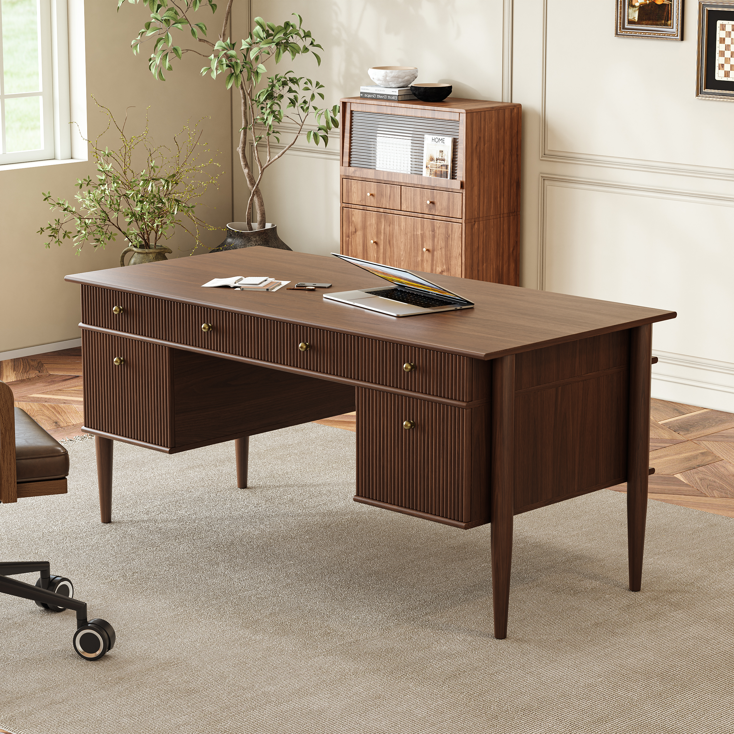 Mid-Century Solid Wood Home Office Desk with 6 Drawers Walnut Executive Writing Desk (64")