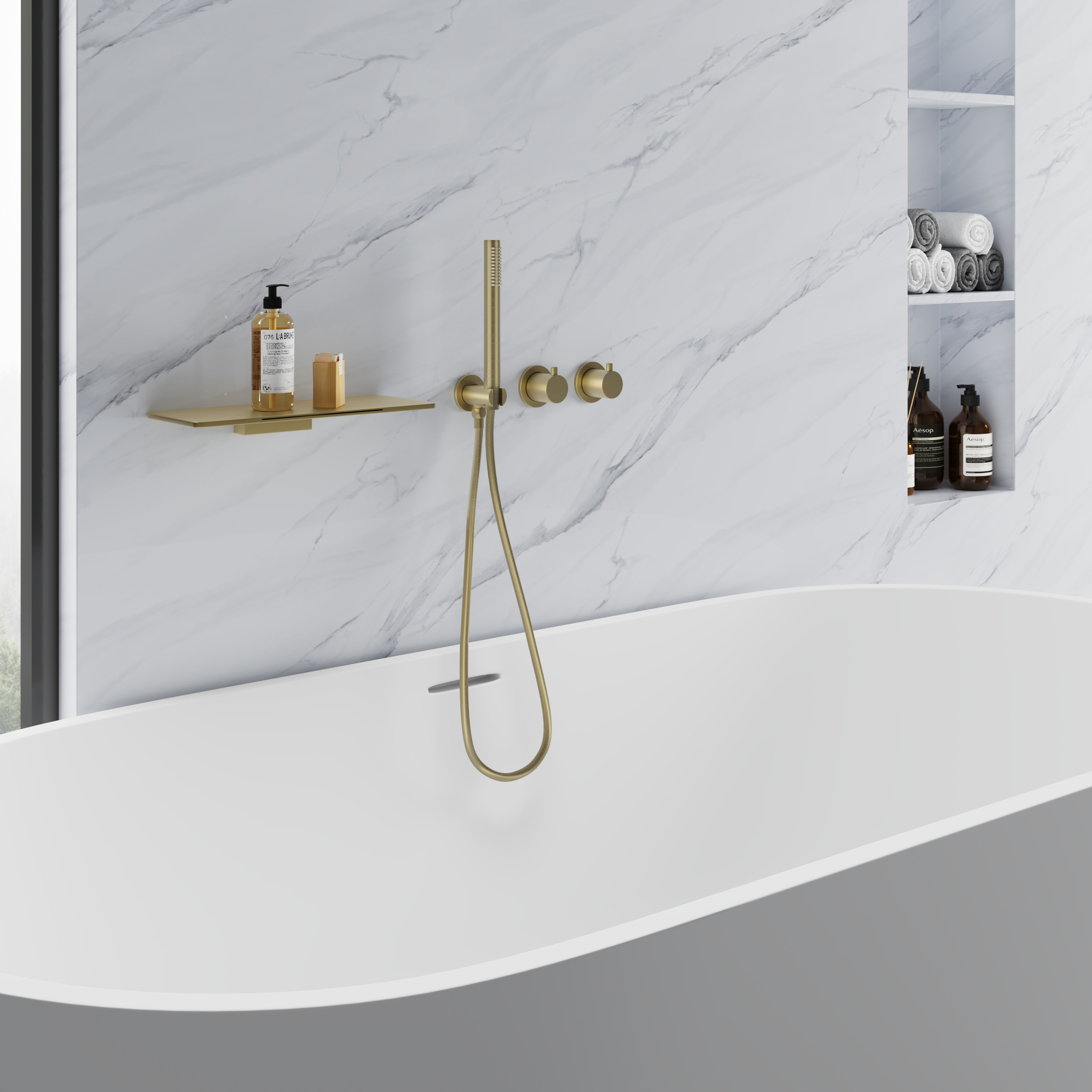 Brushed Gold Brass Bathtub Faucet Wall-Mounted Tub Filler Waterfall Design With Hand