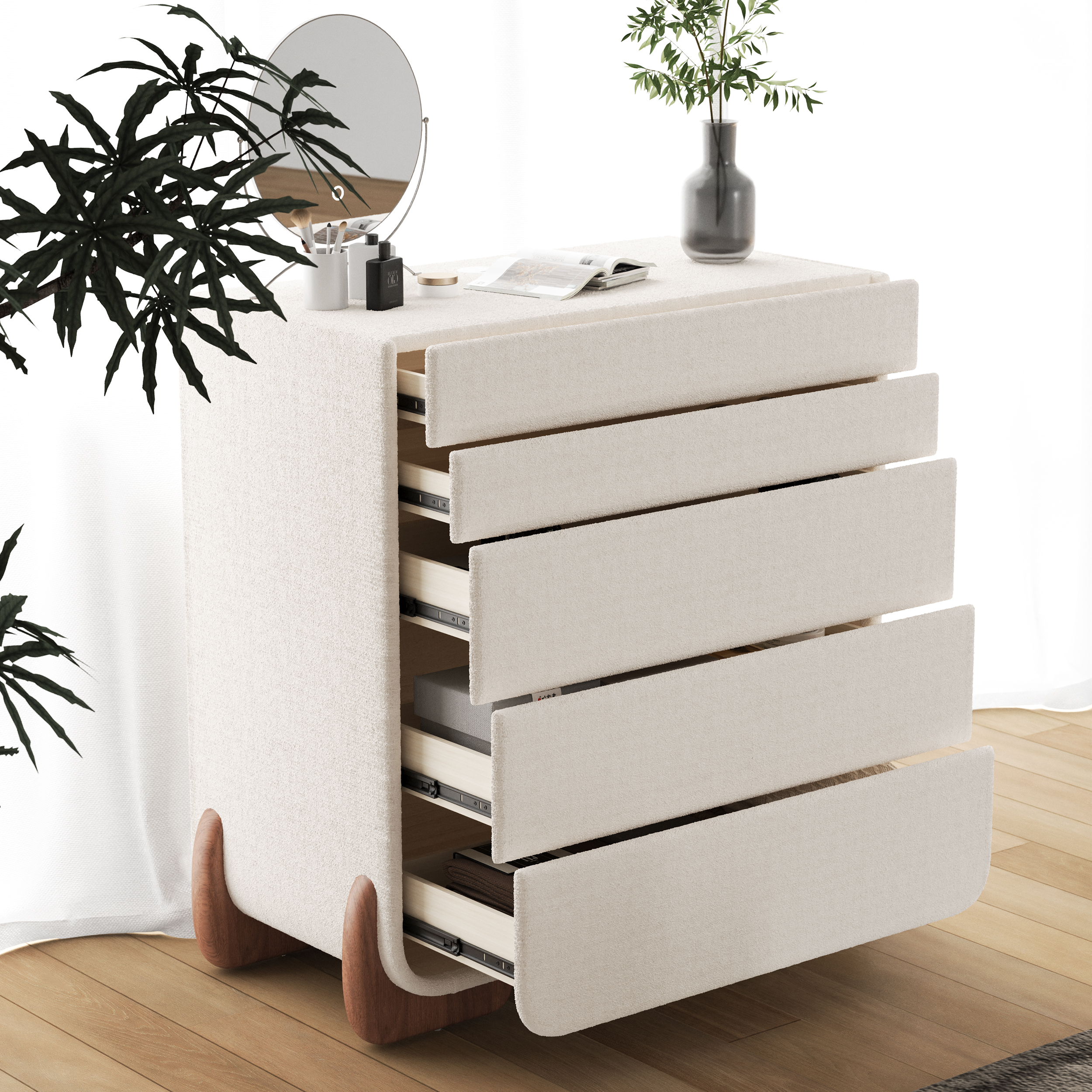 Curva 37" Boucle White 5 Drawer Tall Smart Dresser Chest
