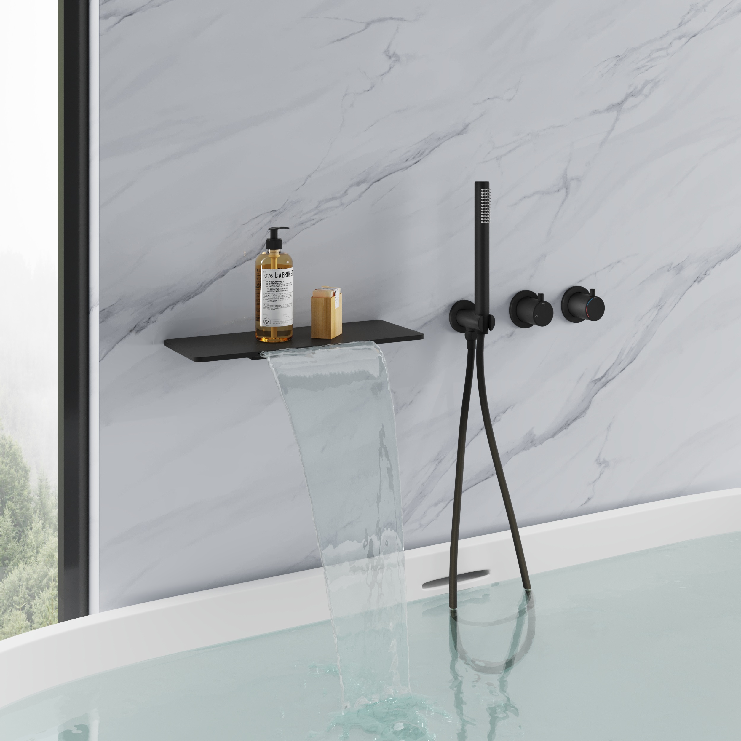 Modern Black Wall-Mounted Waterfall Bathtub Faucet Tub Filler with Hand Shower & Dual Knobs
