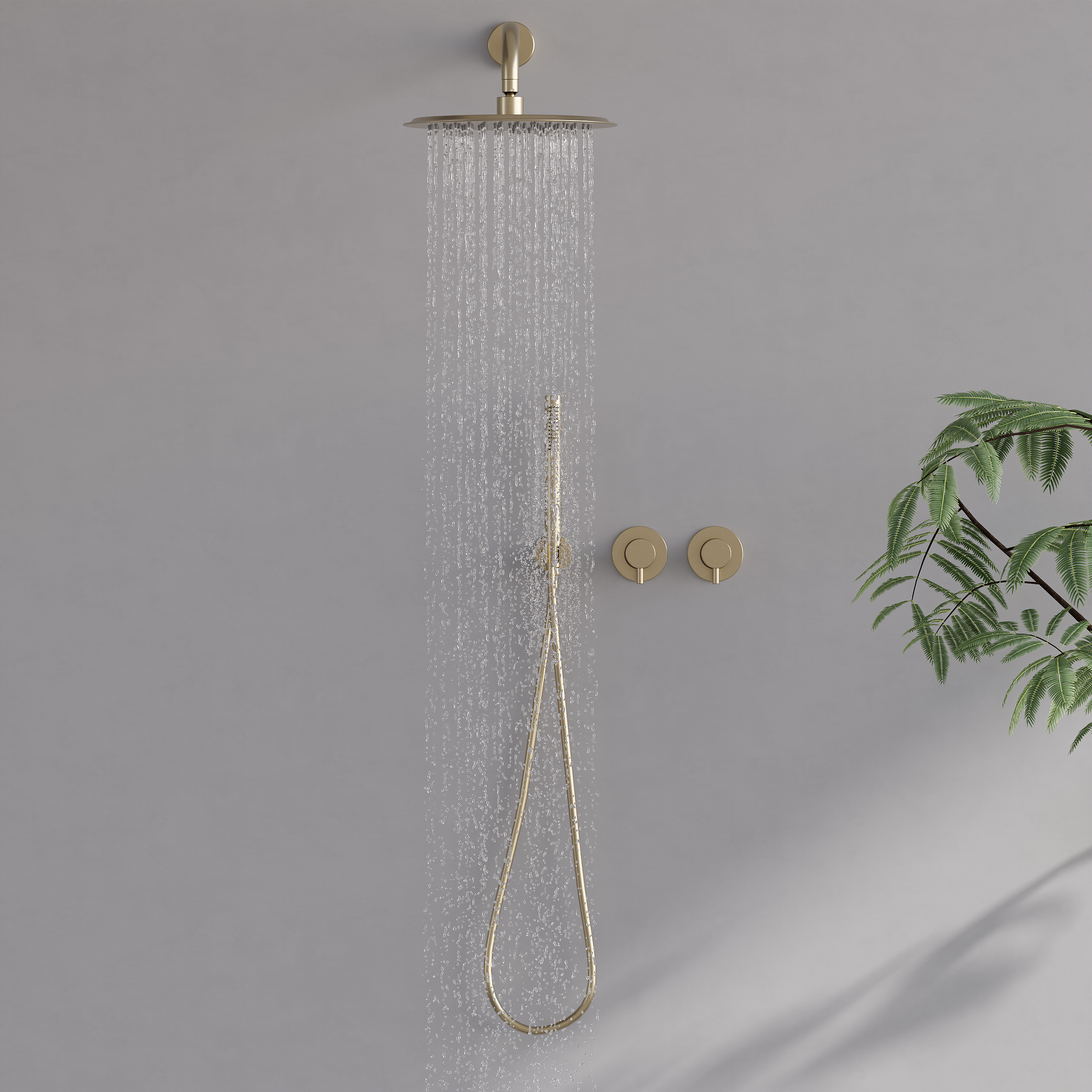 10" Wall-Mounted Shower System Round Brushed Gold 2-Function with Hand Shower