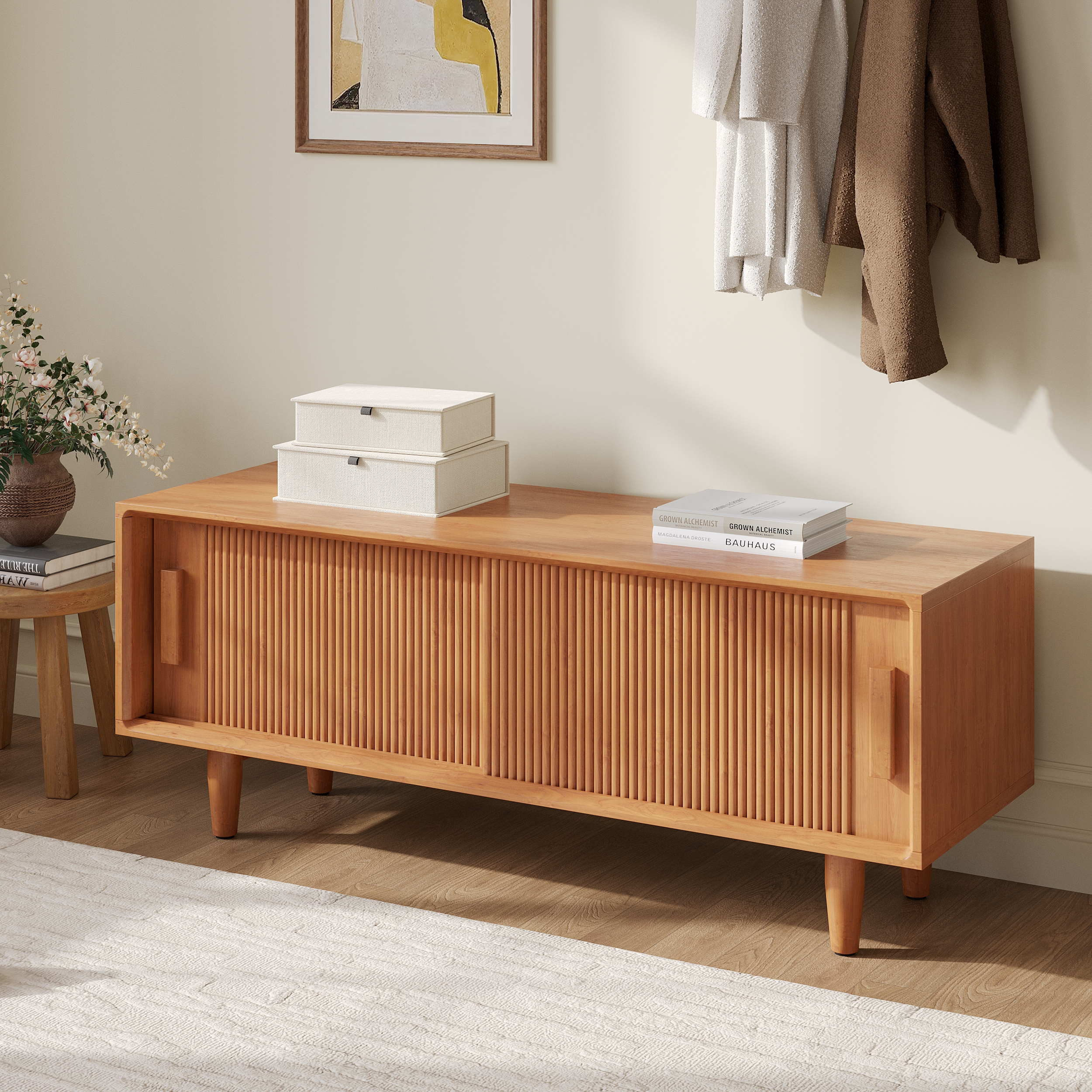 47.2" Solid Rubberwood Natural Entryway Bench with Storage
