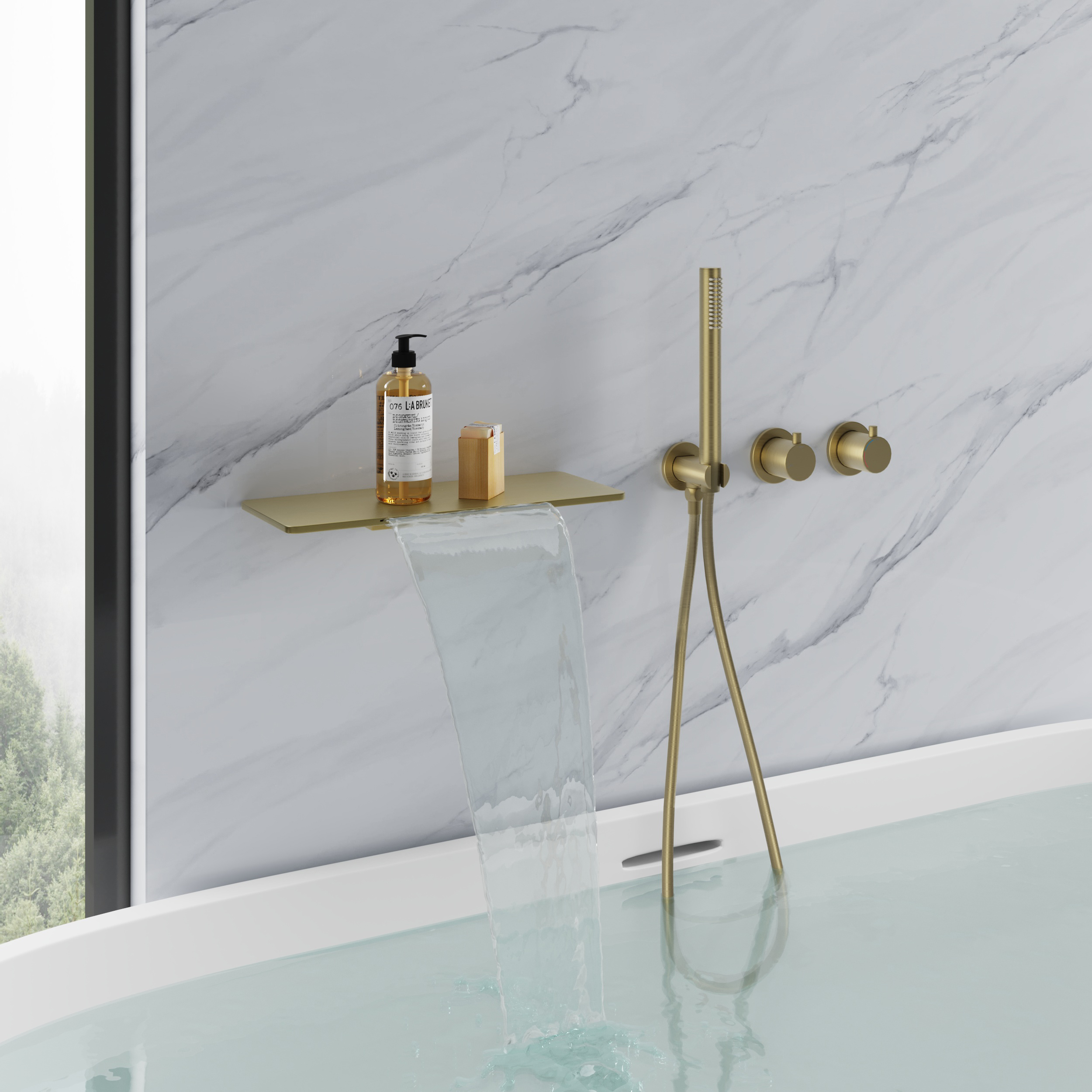 Brushed Gold Brass Bathtub Faucet Wall-Mounted Tub Filler Waterfall Design With Hand