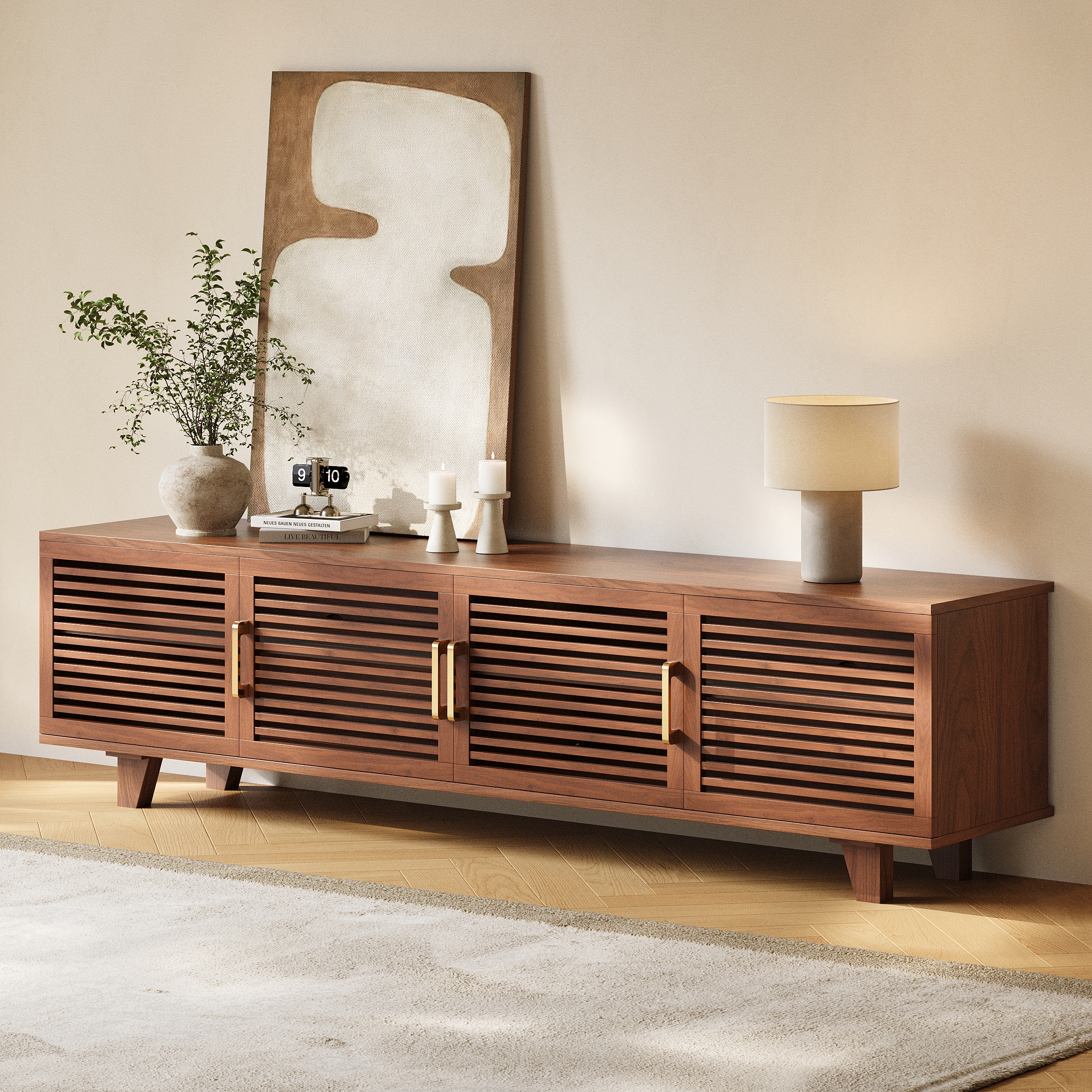 2200mm Solid Ash Wood TV Stand Mid Century Modern Media Console with Storage & LED in Walnut
