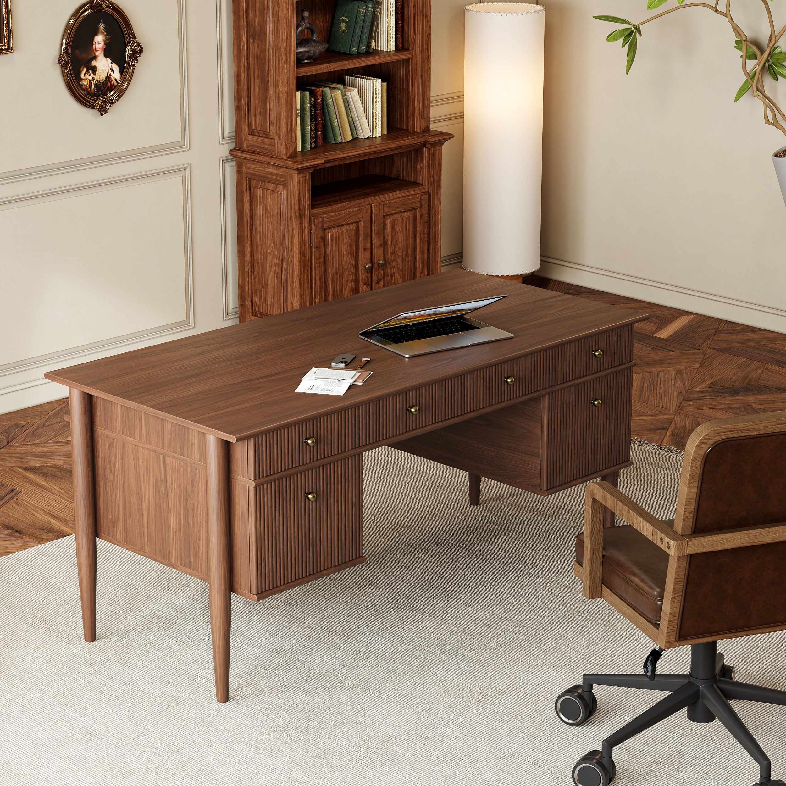 Mid-Century Solid Wood Home Office Desk with 6 Drawers Walnut Executive Writing Desk (64")