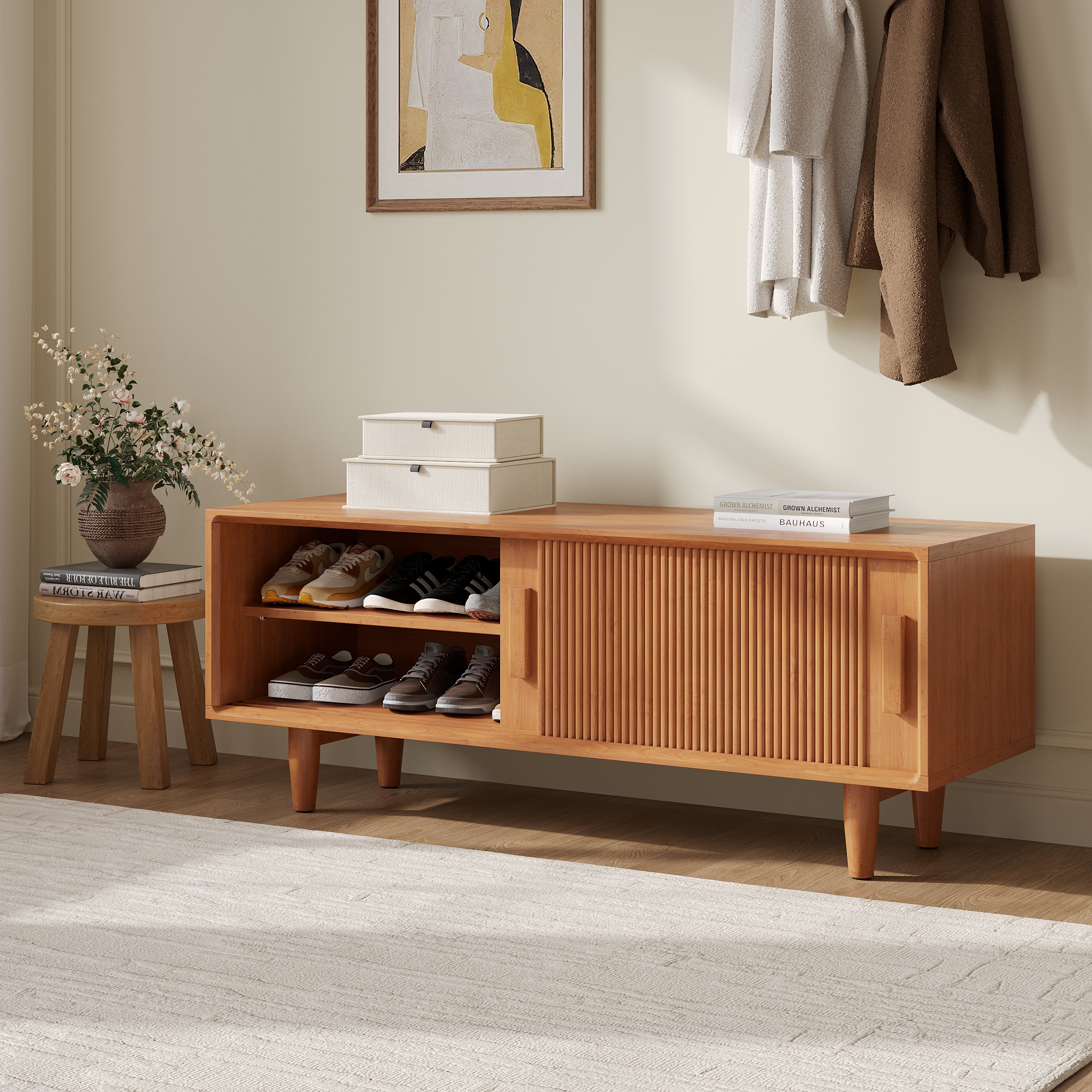 1200mm Solid Rubberwood Natural Entryway Bench with Storage
