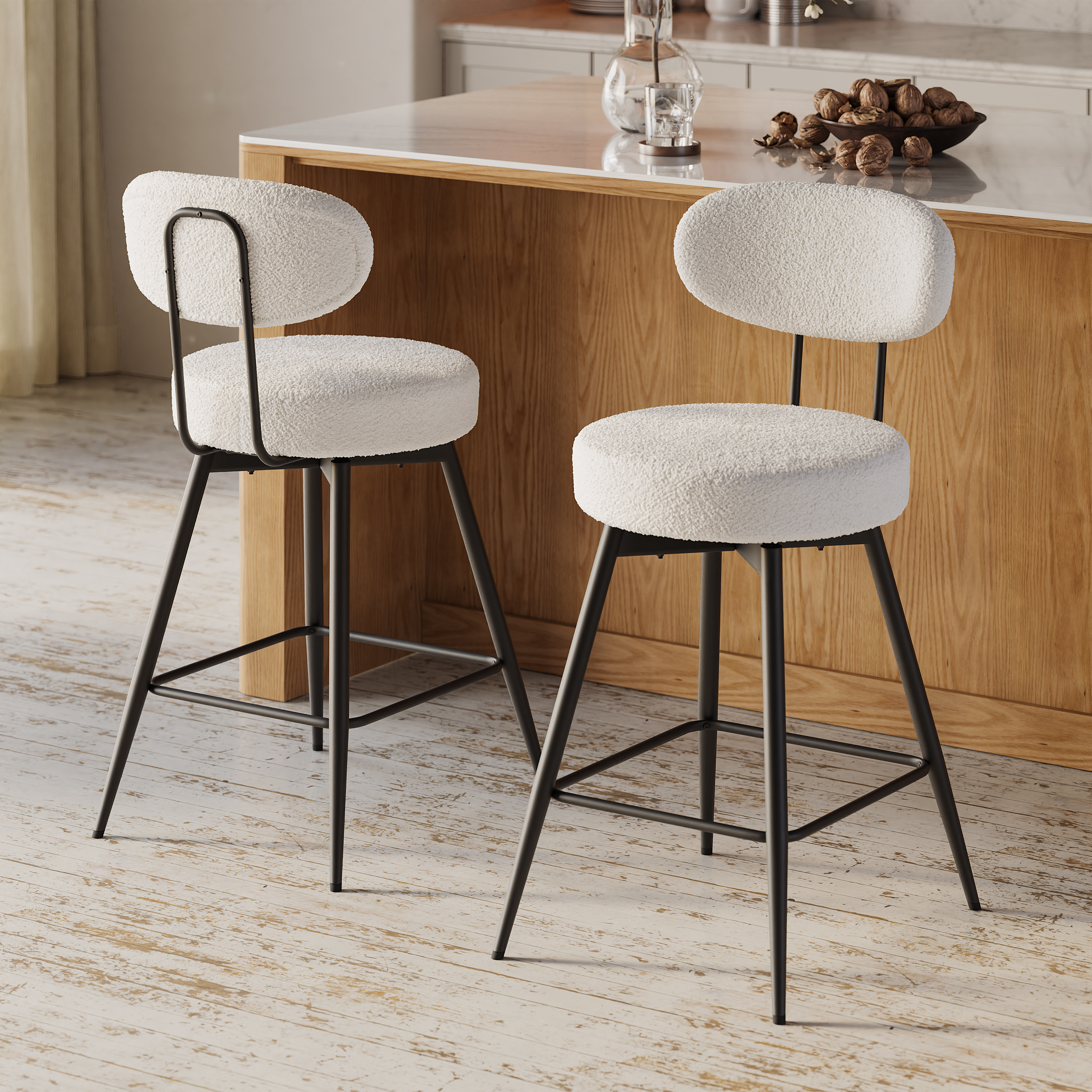 Modern Boucle Swivel Counter Stool Set of 2 with Back & Footrest