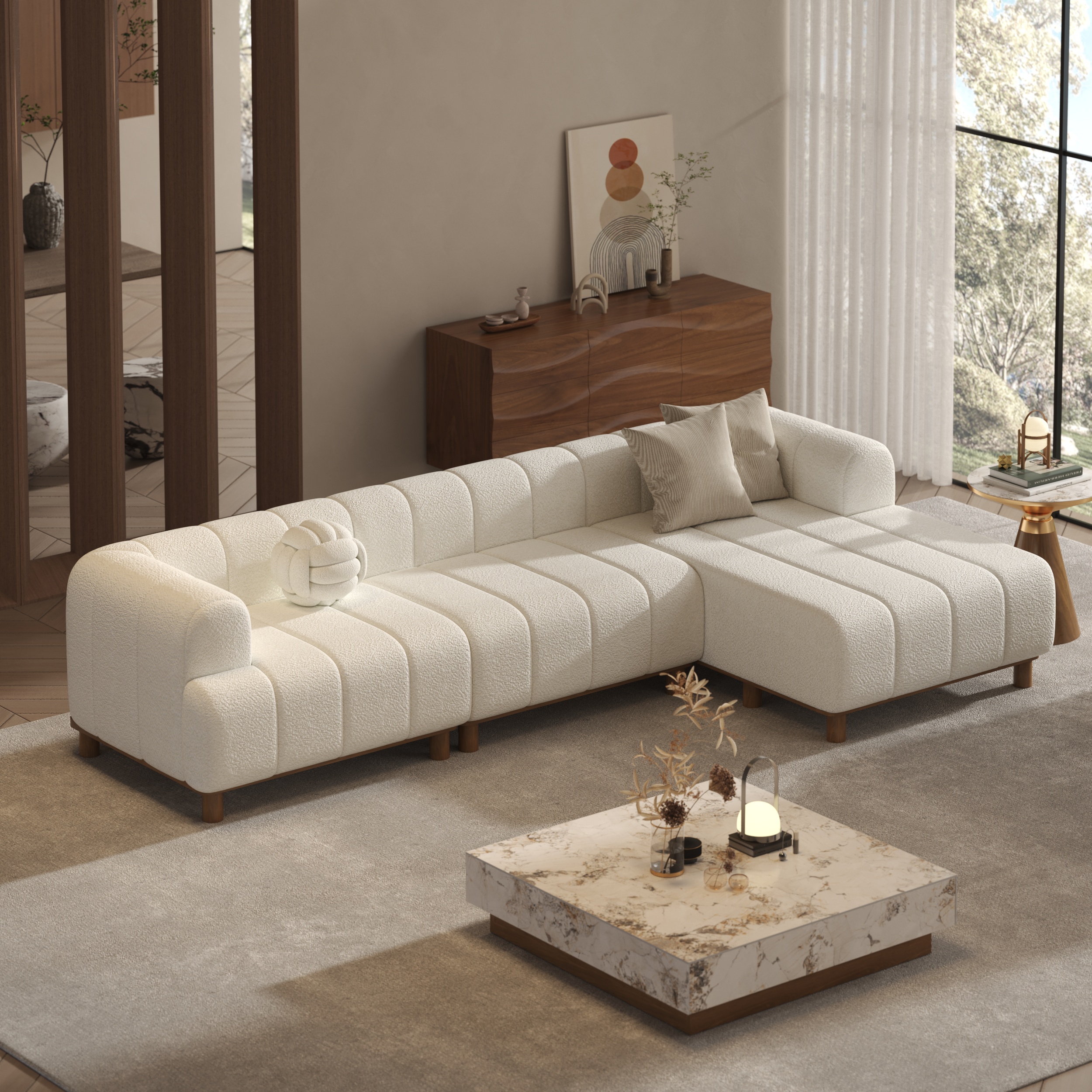 3000mm Boucle L-Shaped Sectional Sofa 3 Pieces White Sectional Couch wiith Wood Legs