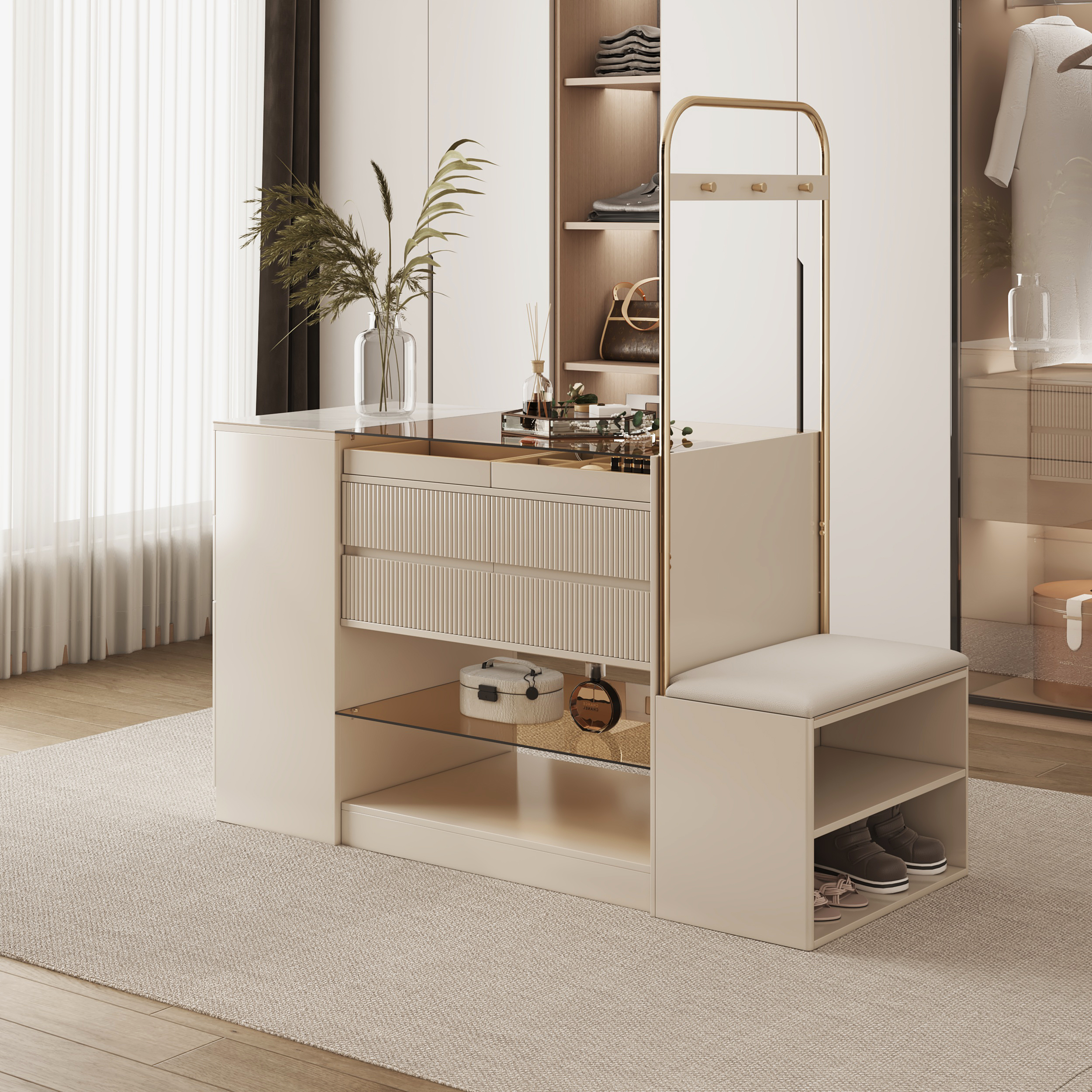 60"W Modern Off White Dresser with Doors & Drawers Walk in Closet Island Jewelry Storage & Rack &