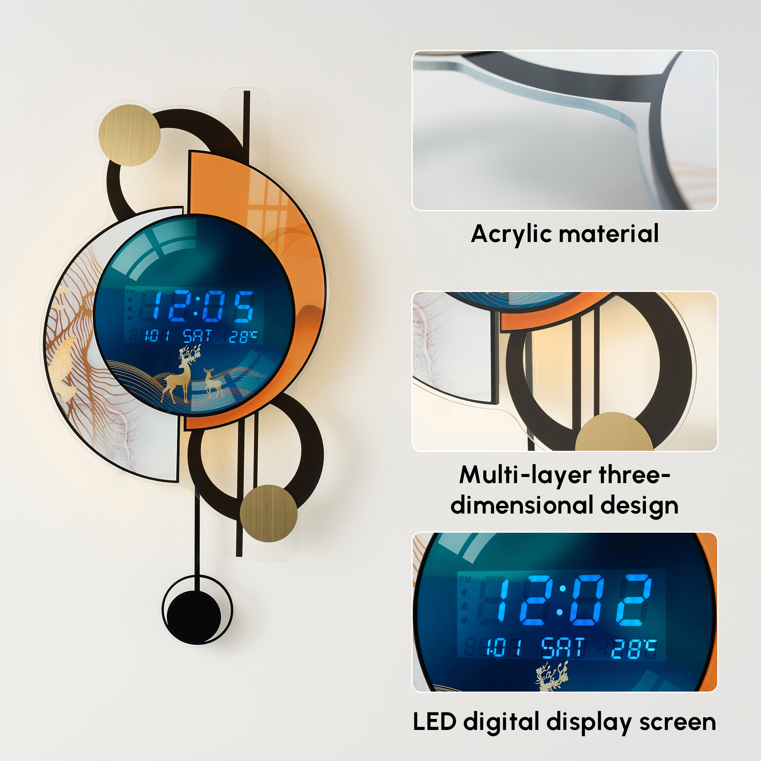 670mm LED Silent Wall Clock Multi-function Display Voice-Activated