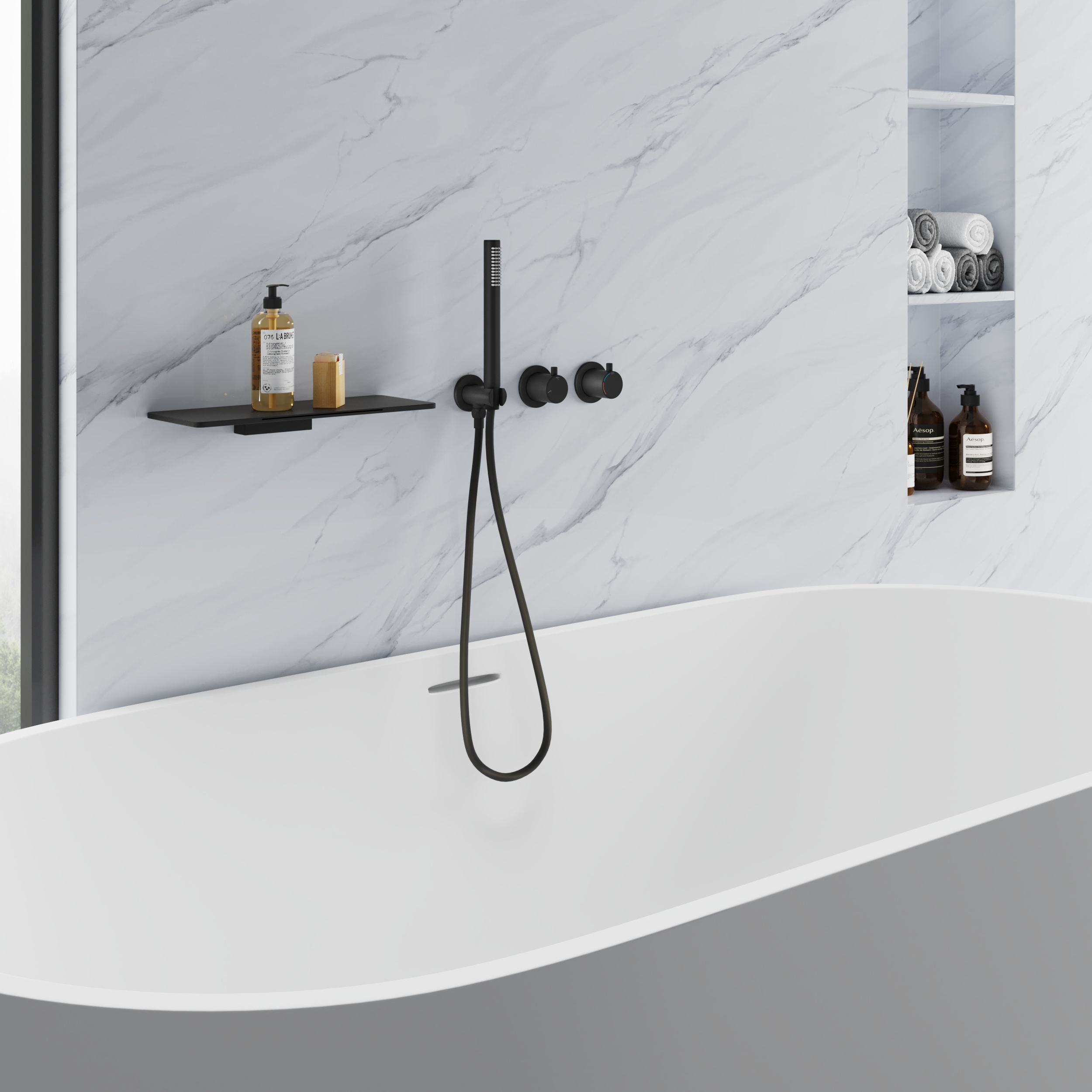 Modern Black Wall-Mounted Waterfall Bathtub Faucet Tub Filler with Hand Shower & Dual