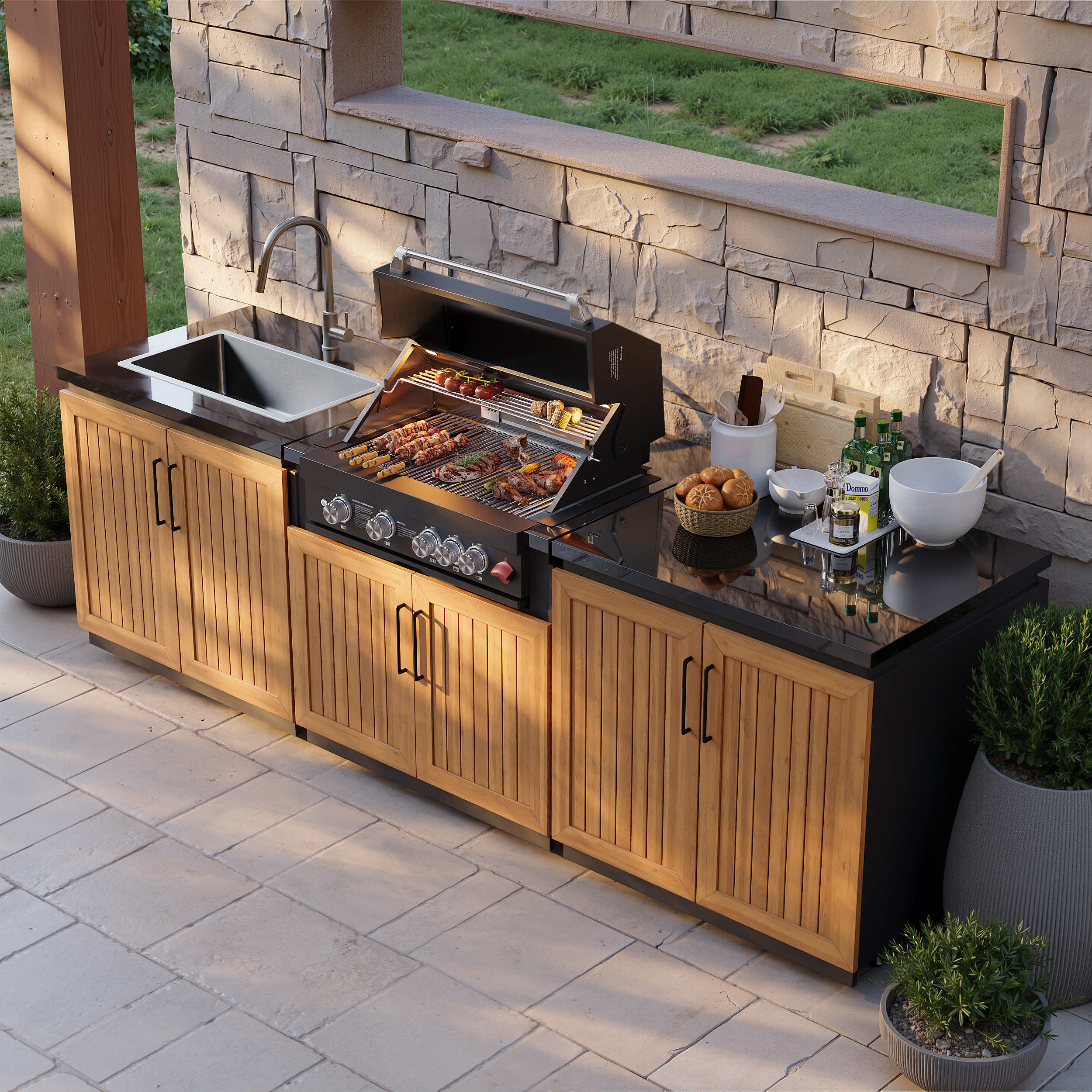 Modular Outdoor Barbecue Kitchen Cabinet with Proapane Gas Grill Stainless Steel Movable BBQ Grilling Island in Black (118"" in Wide)