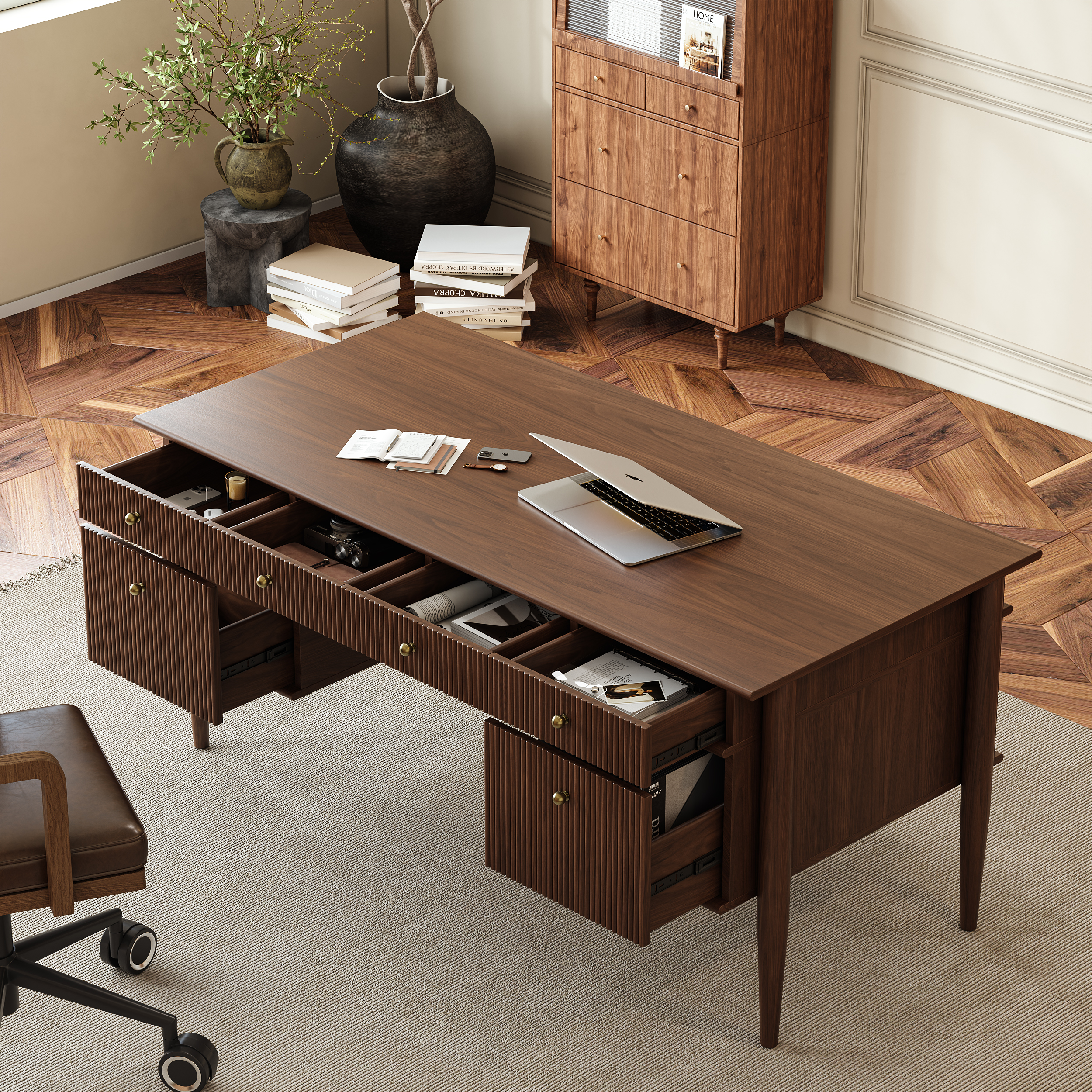 Mid-Century Solid Wood Home Office Desk with 6 Drawers Walnut Executive Writing Desk (1625mm)