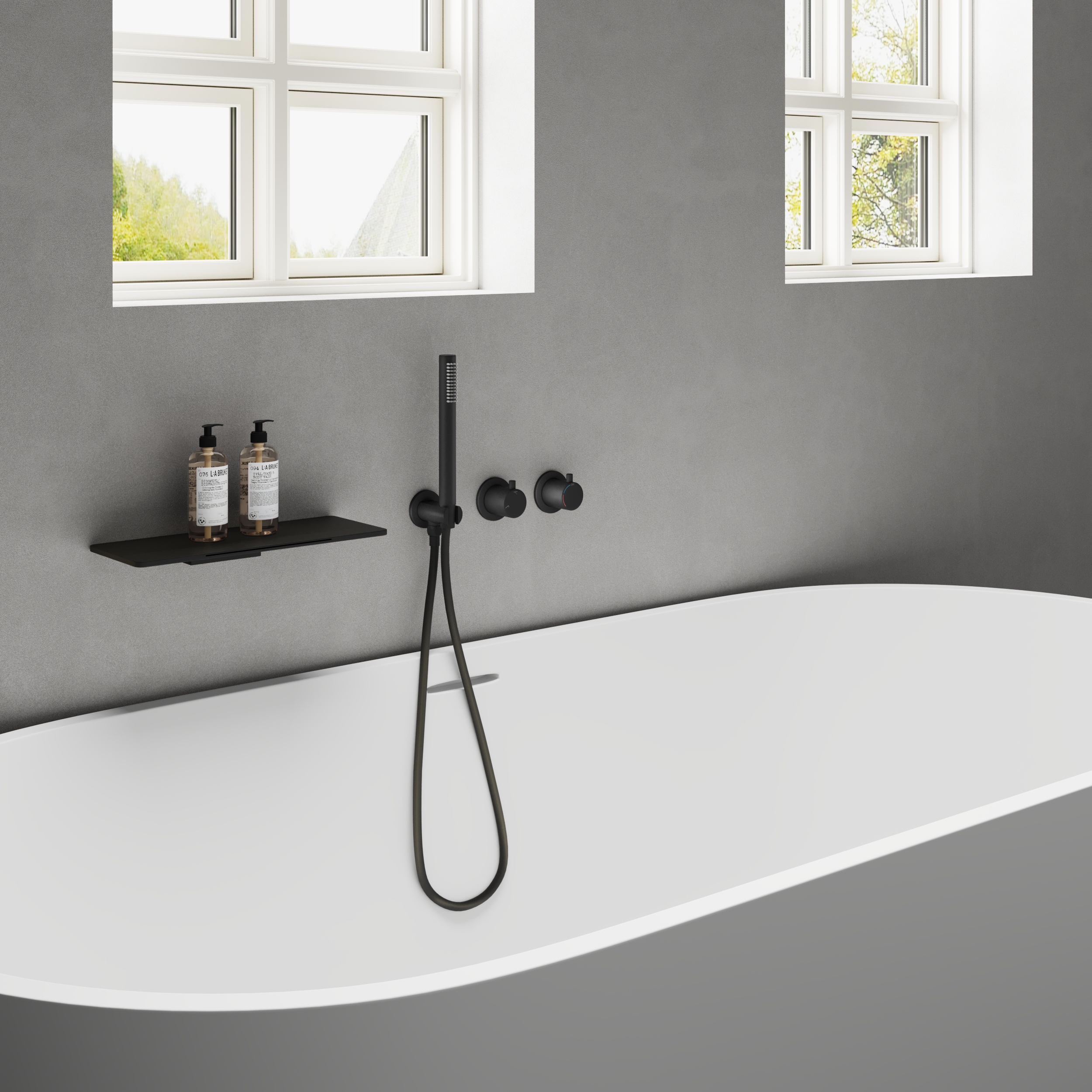 Modern Black Wall-Mounted Waterfall Bathtub Faucet Tub Filler with Hand Shower & Dual