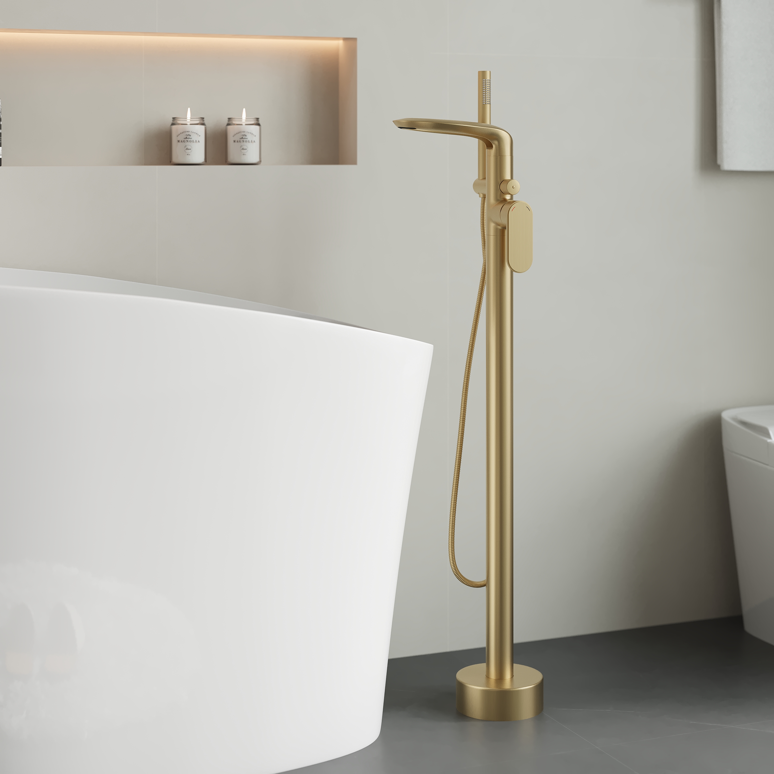 Brushed Gold Freestanding Tub Filler Faucet 360° Swivel Waterfall Spout Design with Hand