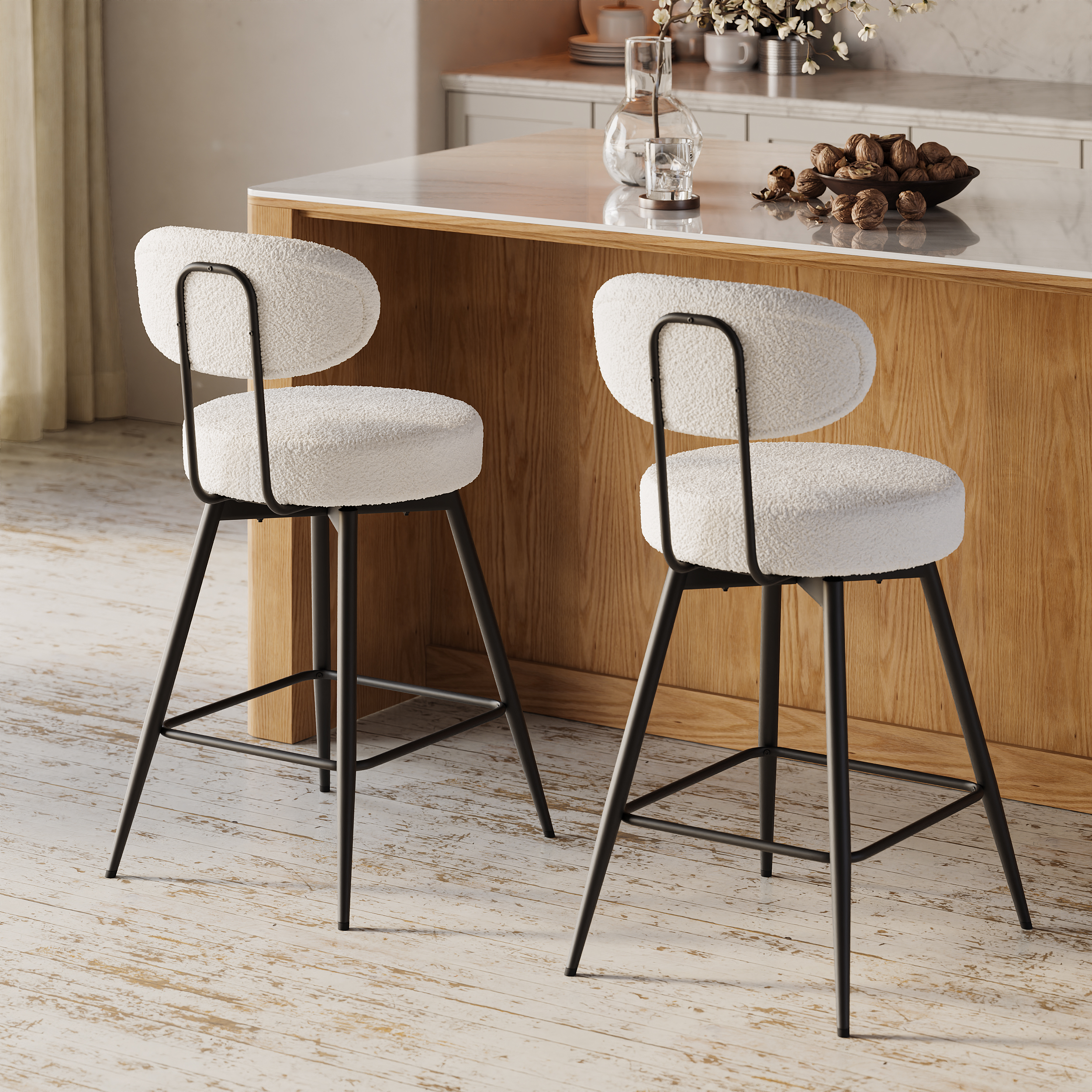 Modern Boucle Swivel Counter Stool Set of 2 with Back & Footrest