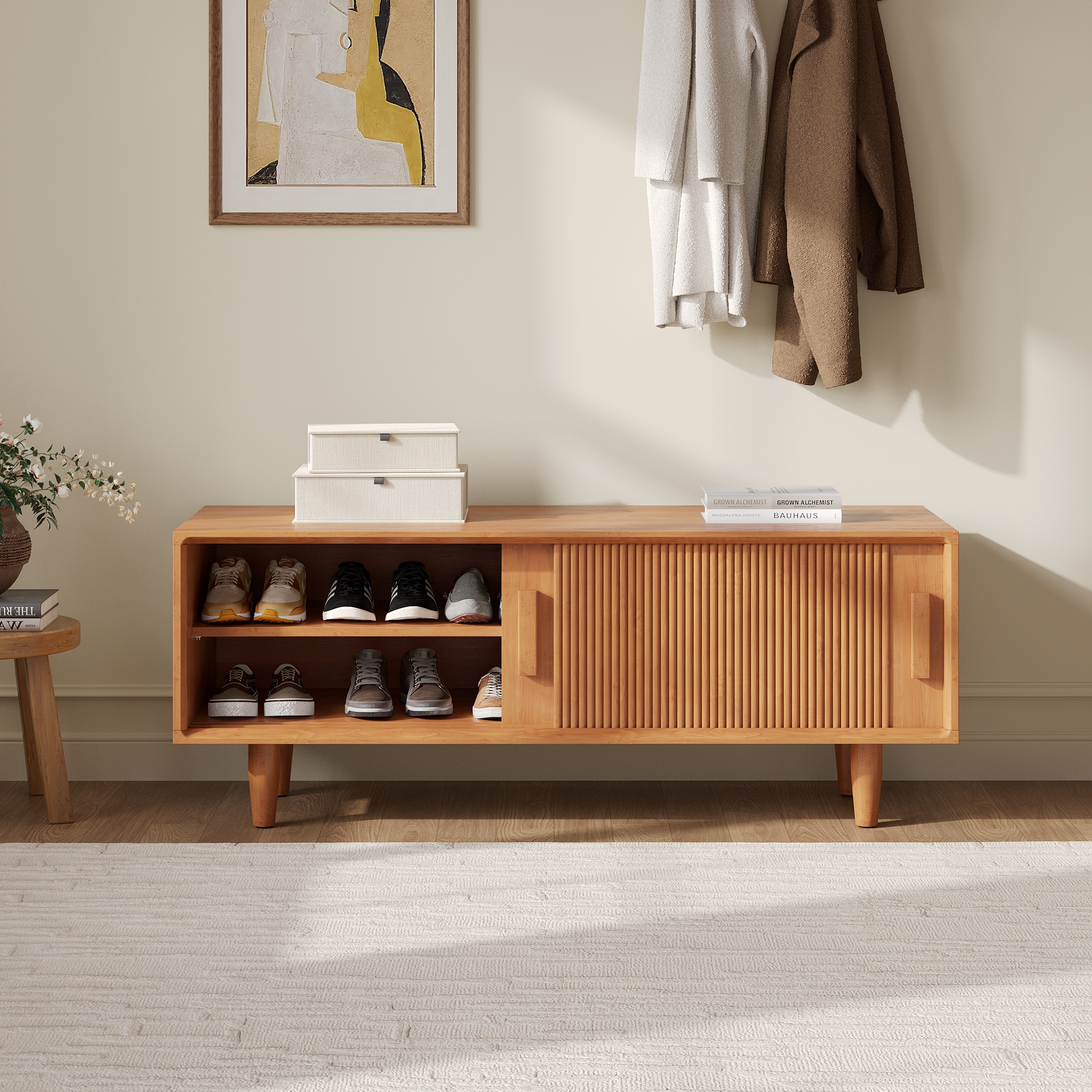 47.2" Solid Rubberwood Natural Entryway Bench with Storage