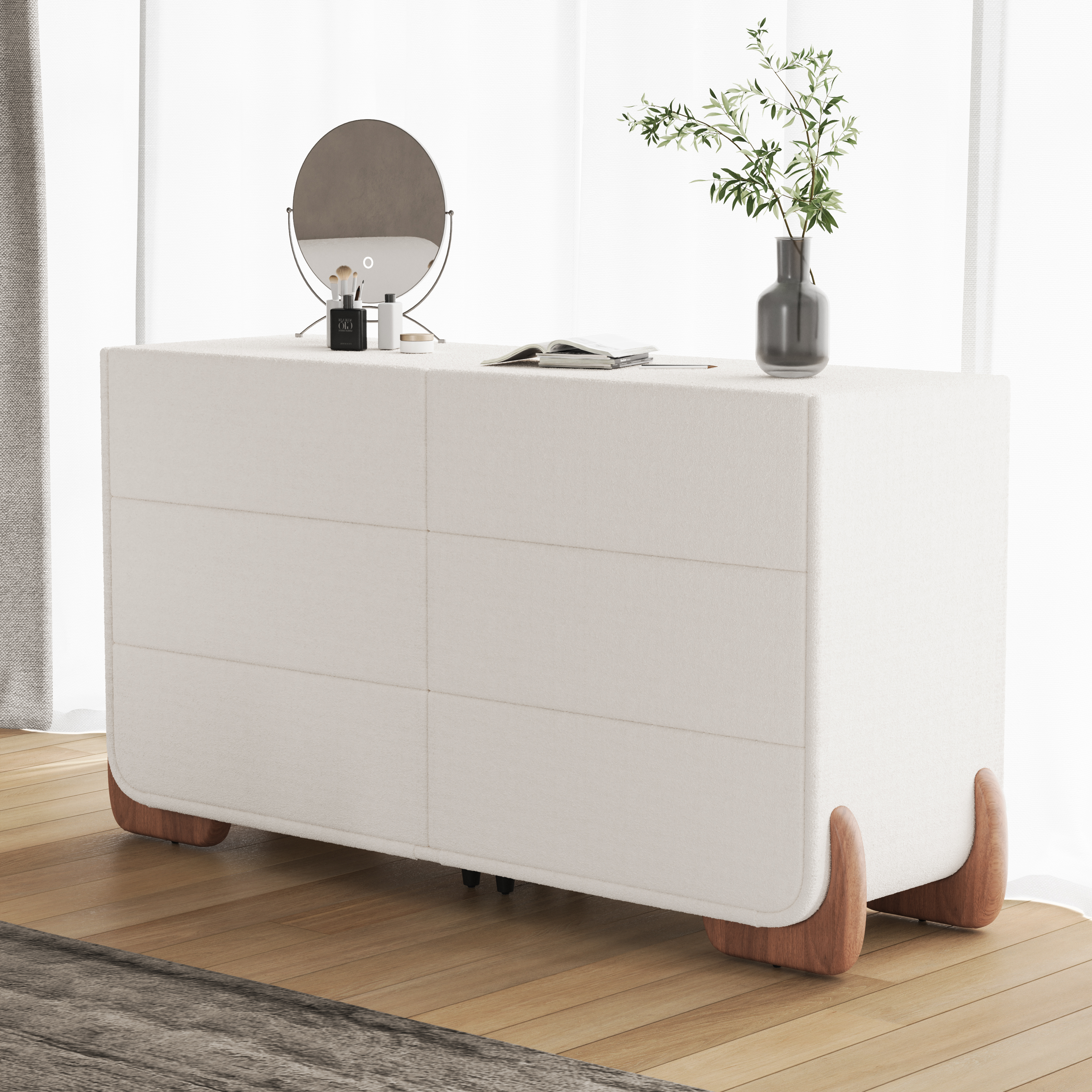 Curva 63"" Boucle White 6 Drawer Smart Dresser Chest