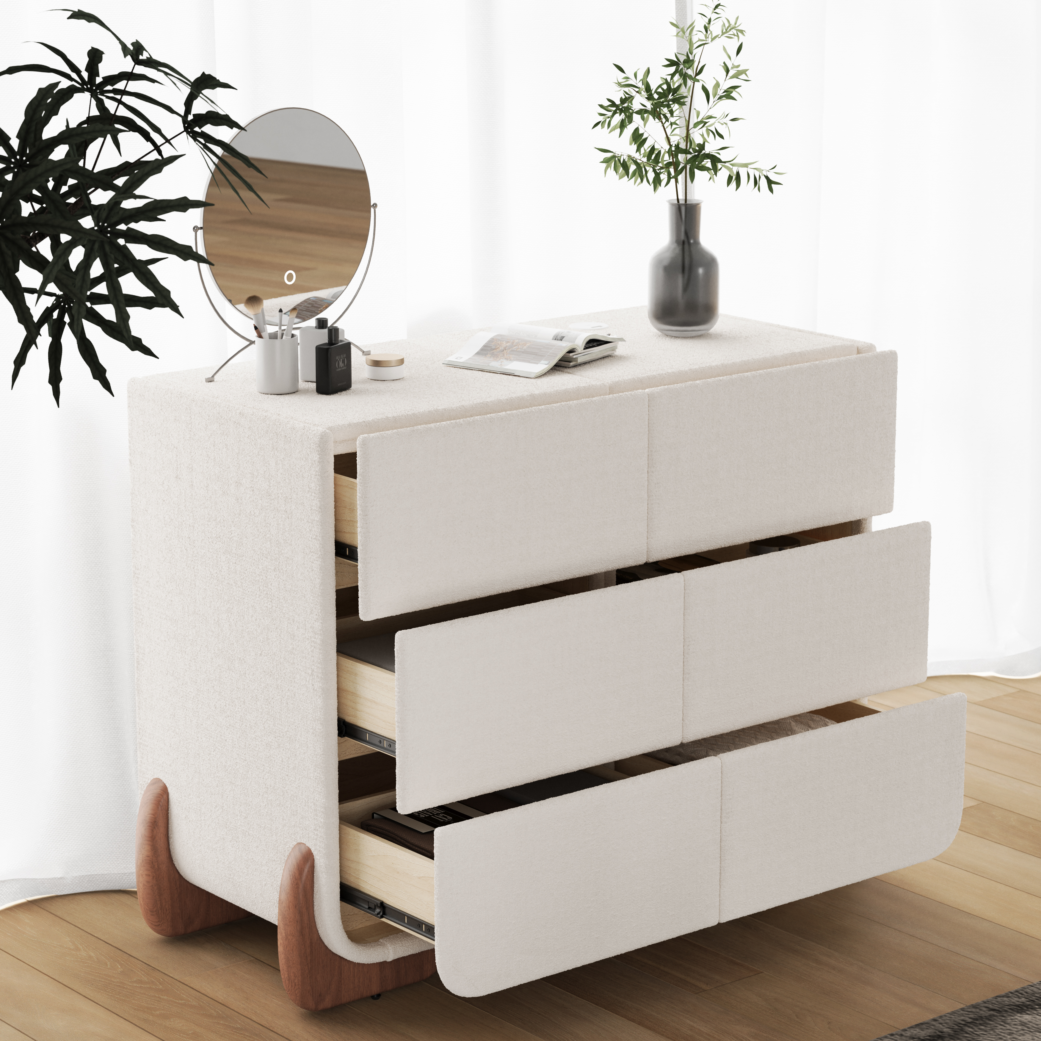 Curva 42" Boucle White 6 Drawer Smart Dresser Chest