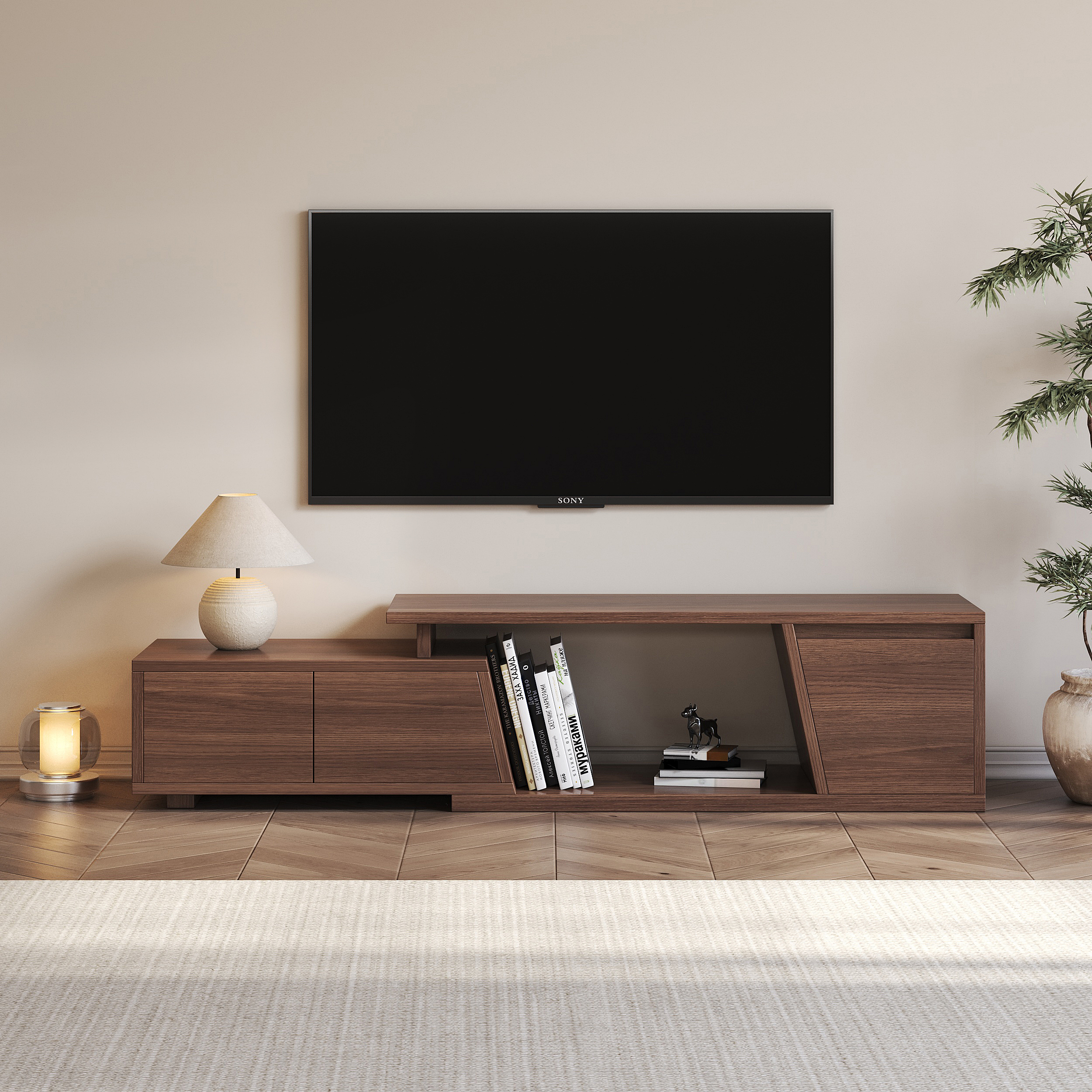 Meuble TV d'angle en bois, extensible de 120 à 180 cm, finition noyer avec 3 tiroirs 1 niche