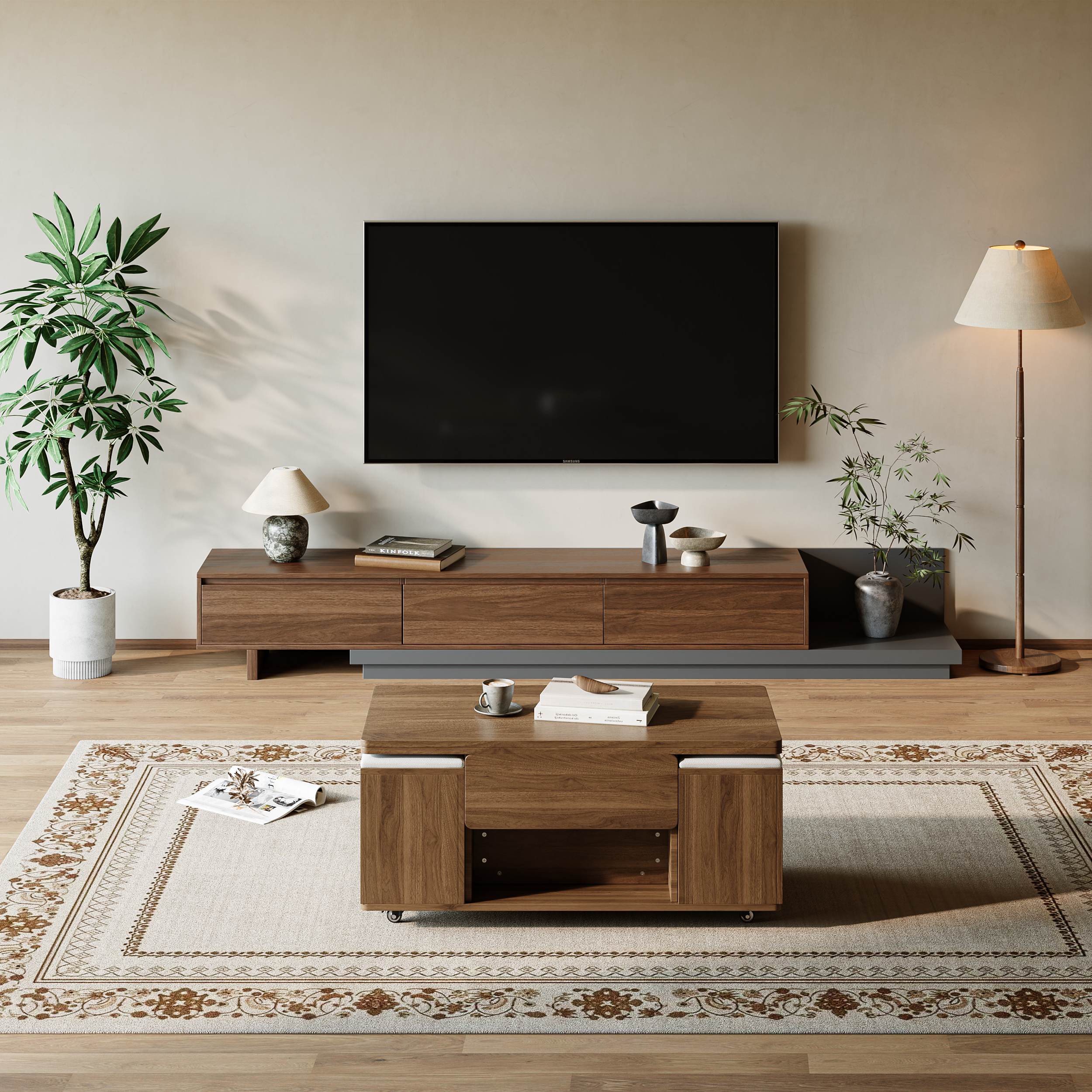 Uitschuifbare En Draaibare Tv-kast Met 3 Deuren - 140/260 X 40 X 30 Cm Marmerlook Mdf Zwart Wit
