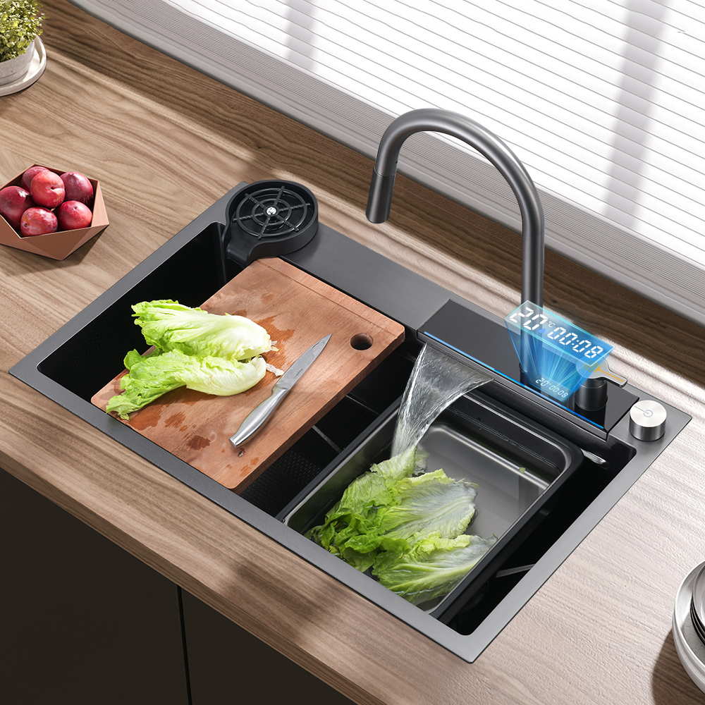 29" Drop-in Workstation Kitchen Sink with Pull-Out Faucet & Waterfall Feature