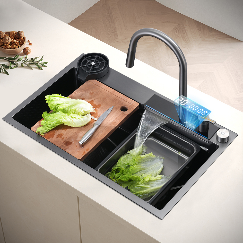 29" Drop-in Workstation Kitchen Sink with Pull-Out Faucet & Waterfall Feature