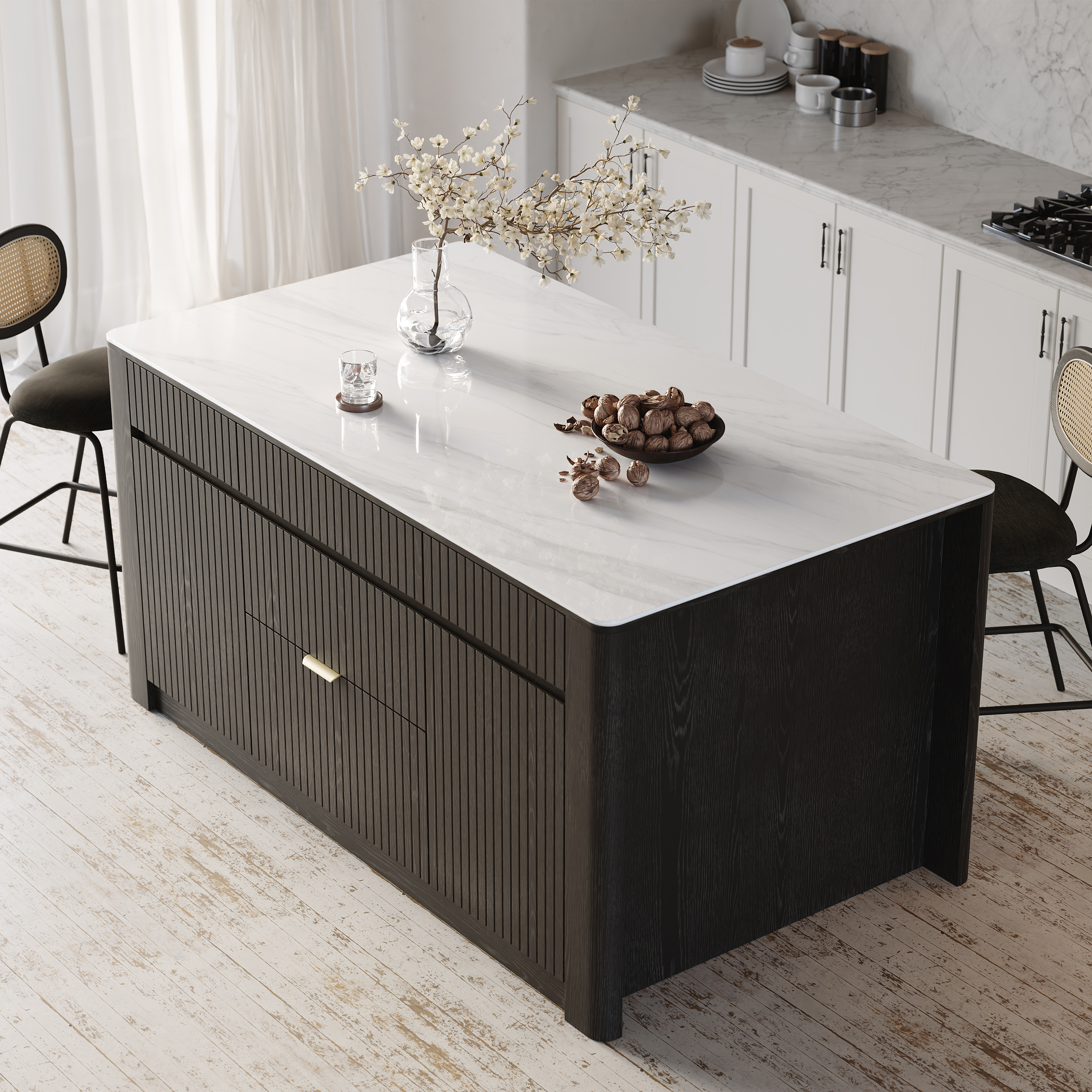 72" Kitchen Island Sintered Stone Top with Storage Black Modern