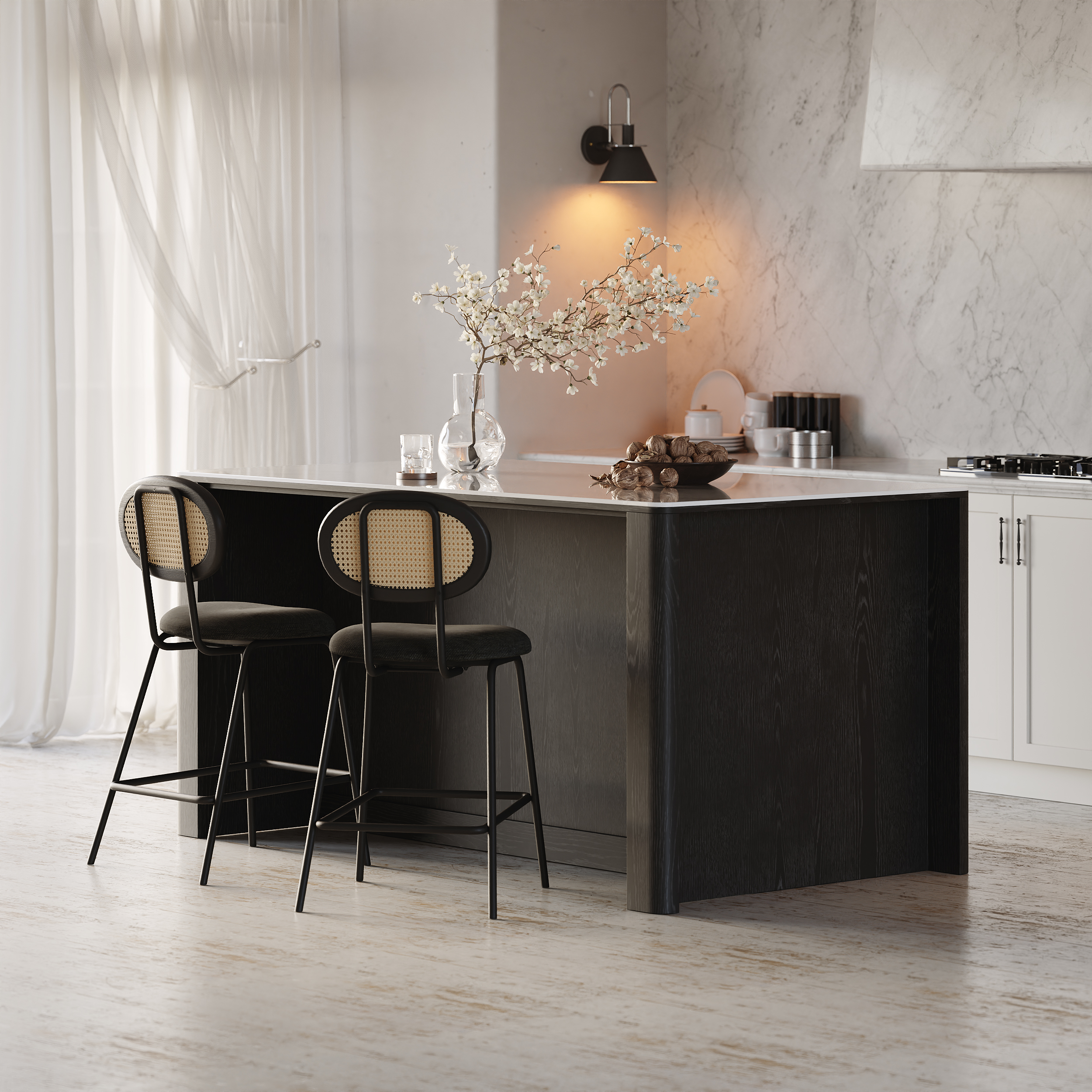 72" Kitchen Island Sintered Stone Top with Storage Black Modern