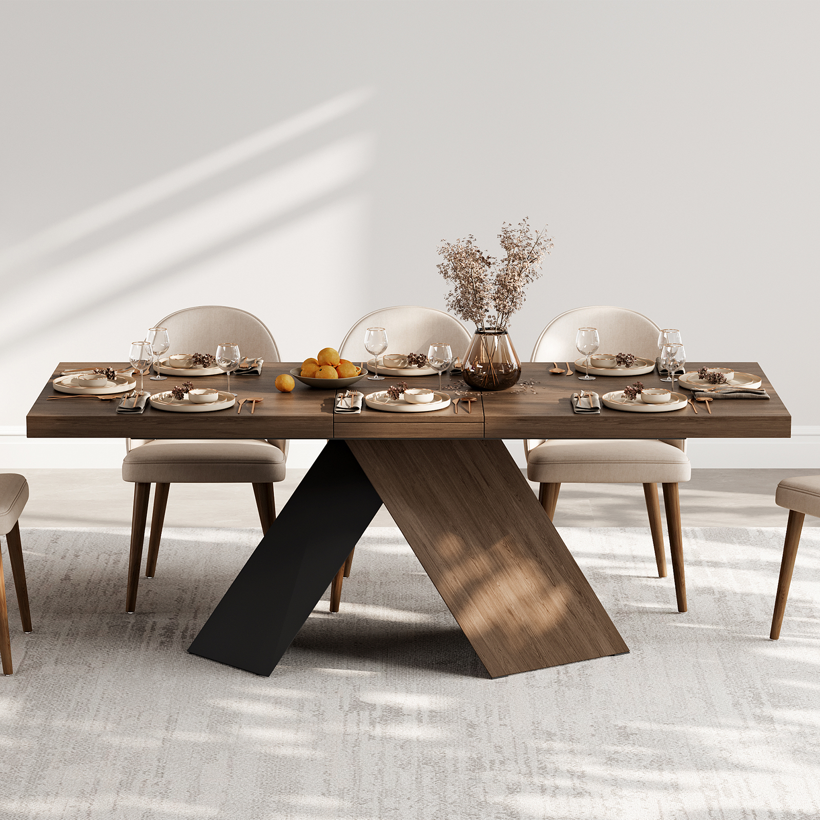 63"-79" Extendable Walnut Dining Table Modern Farmhouse Rectangle 4-6 Seater Pedestal