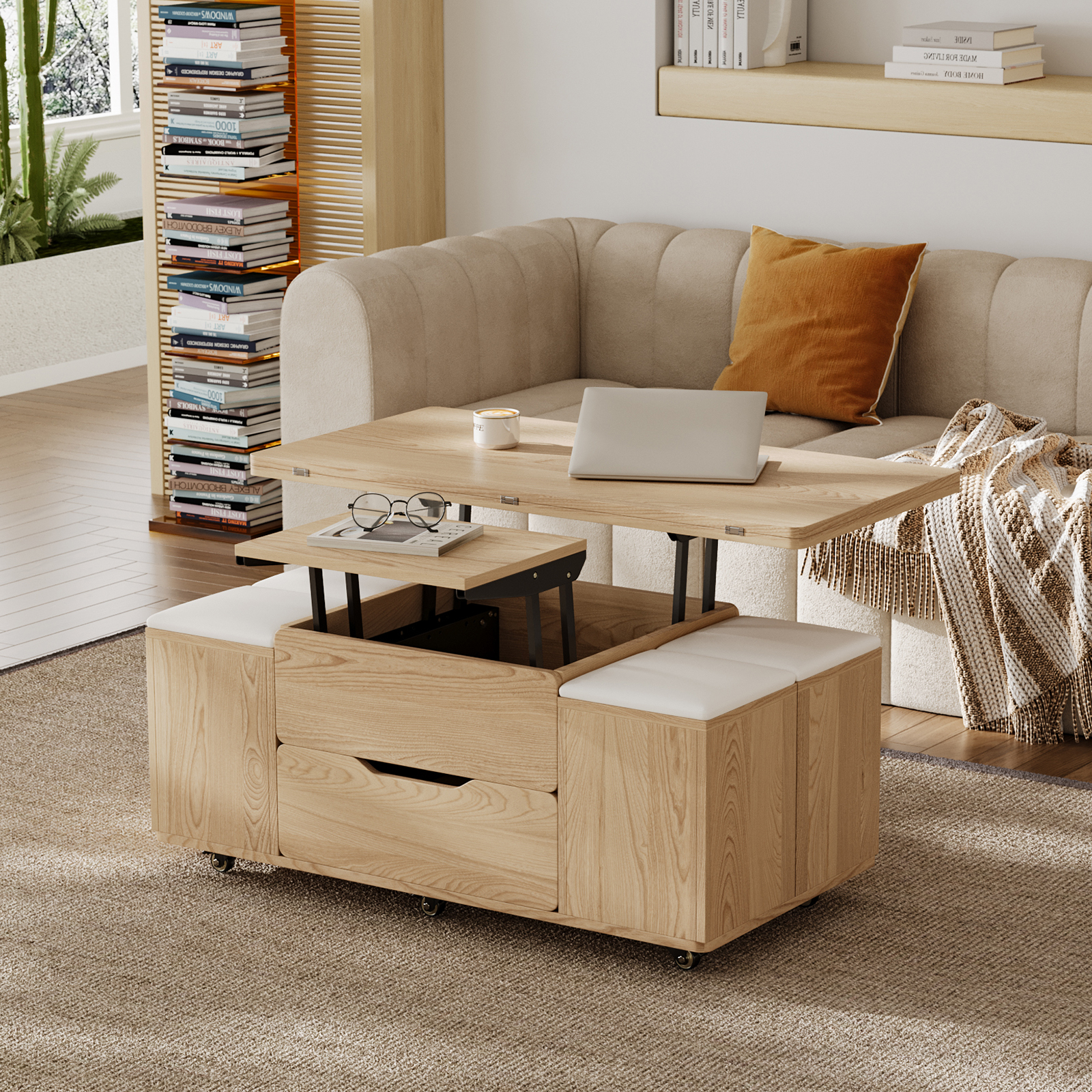 Modern Natural Lift Top Coffee Table 4 in 1 with Storage Ottoman Foldable and Casters