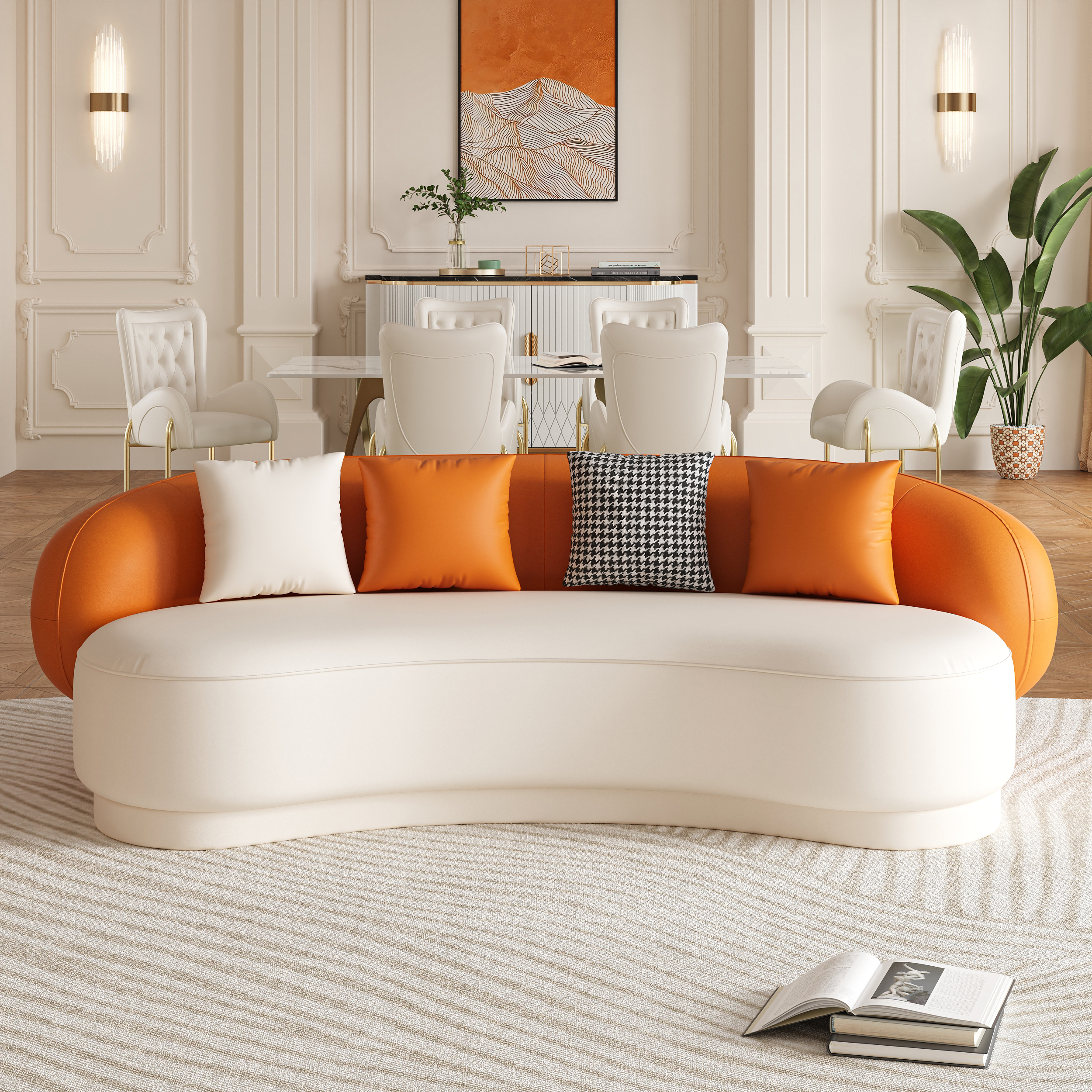 Modern Leather Upholstered Sofa 3-Seater Sofa 82.7" Orange&White Sofa