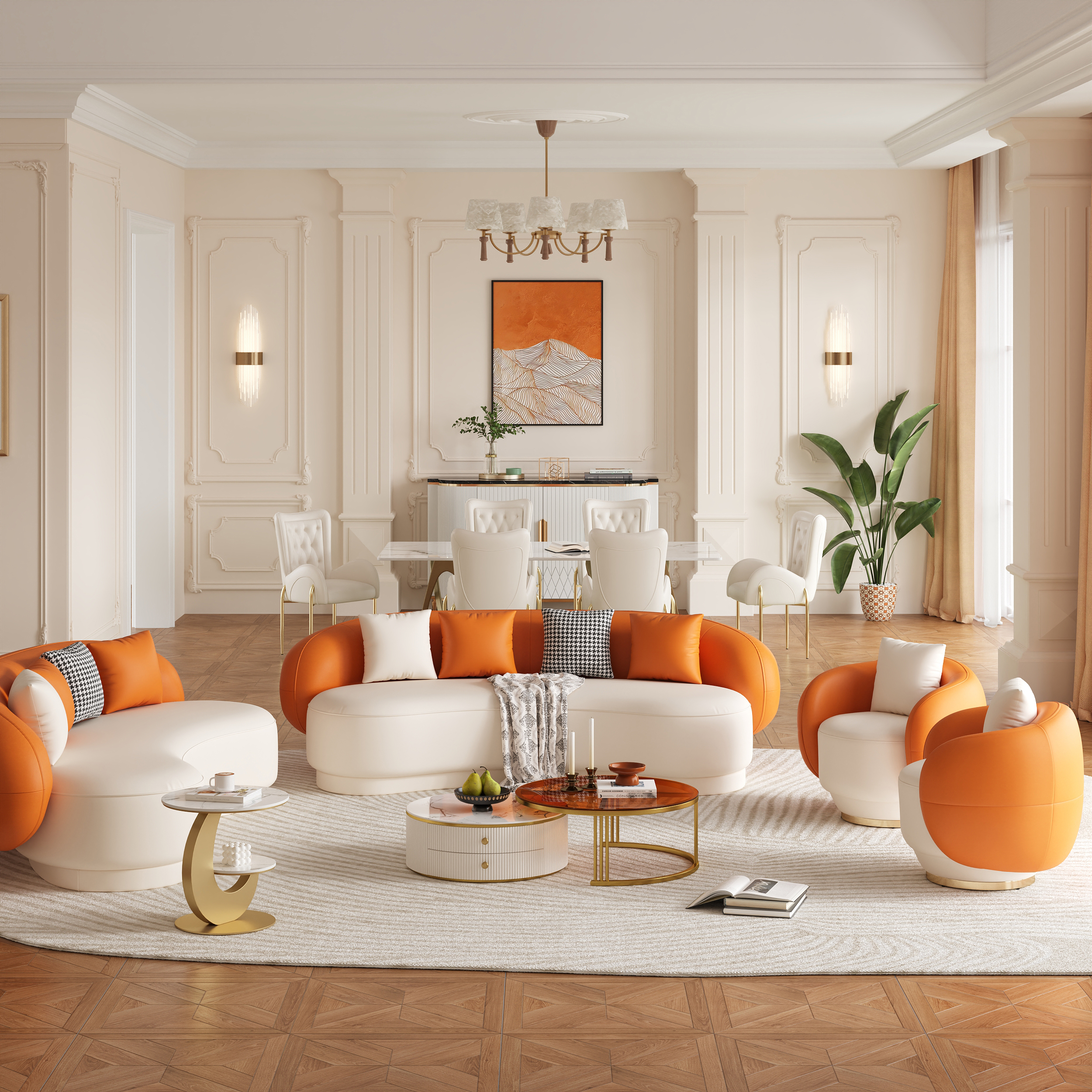 Modern Leather Upholstered Sofa 3-Seater Sofa 82.7" Orange&White Sofa