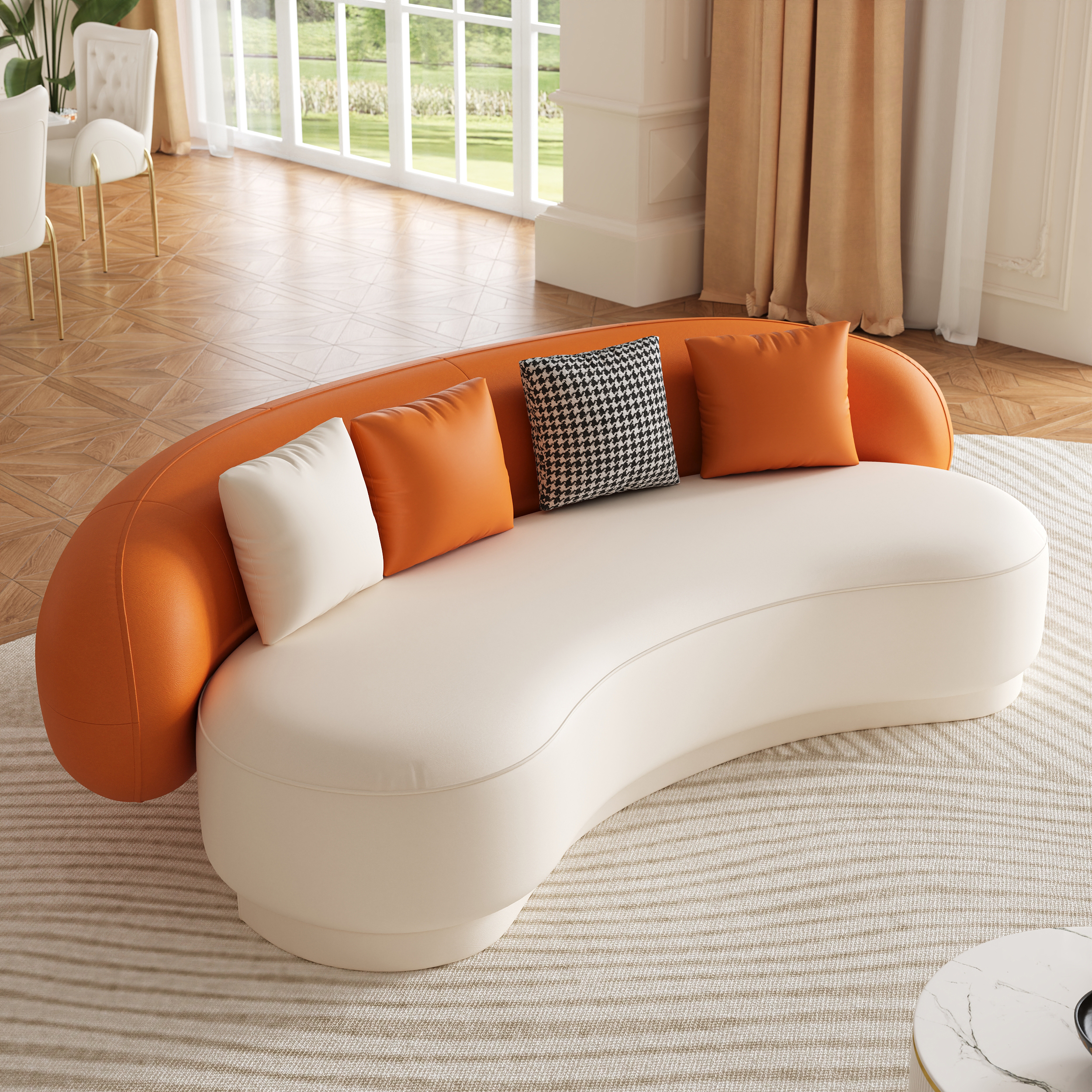 Modern Leather Upholstered Sofa 3-Seater Sofa 82.7" Orange&White Sofa-image-online-en-us-23448