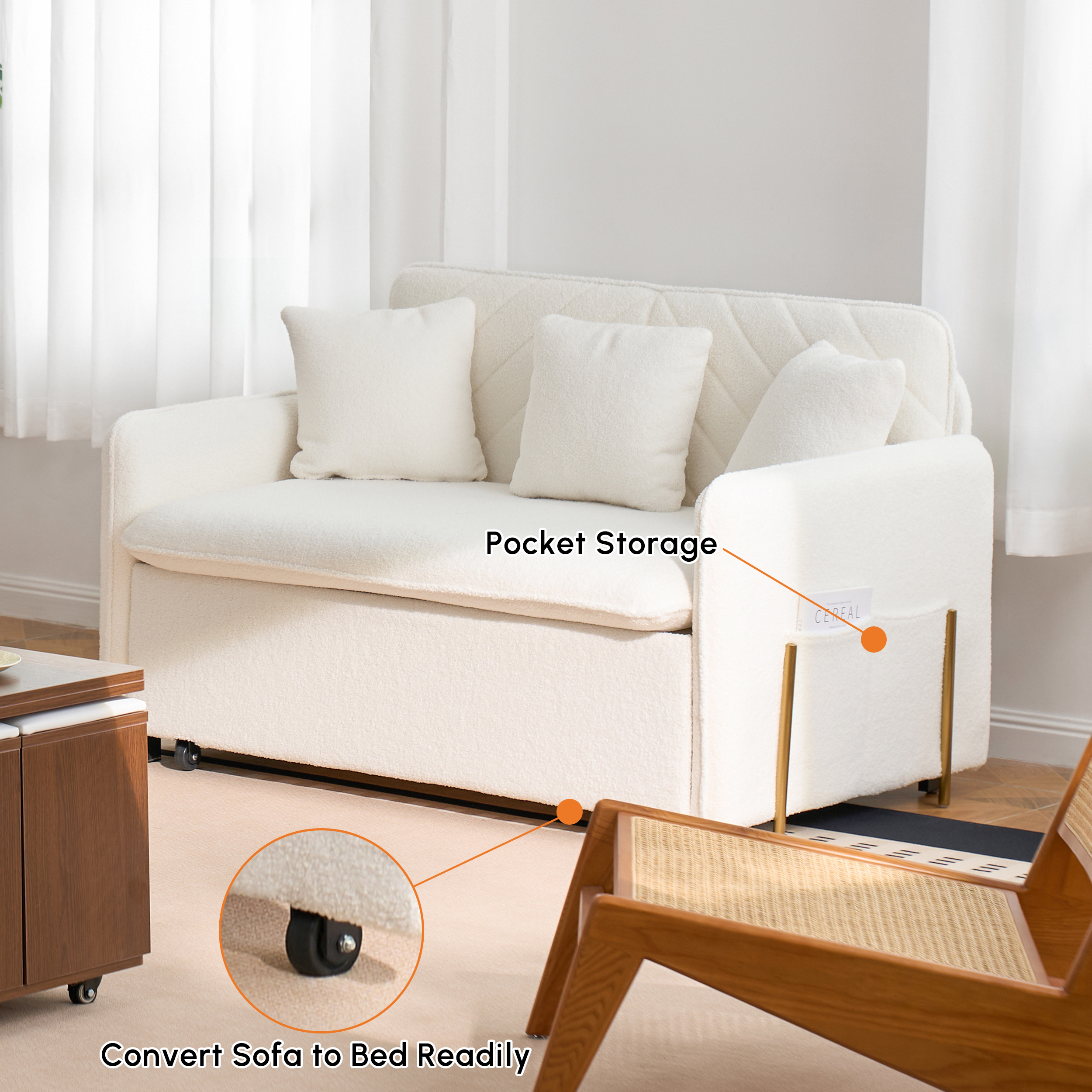 Pull-Out Full Sofa Bed with Storage, 2-Seater White Boucle Sleeper