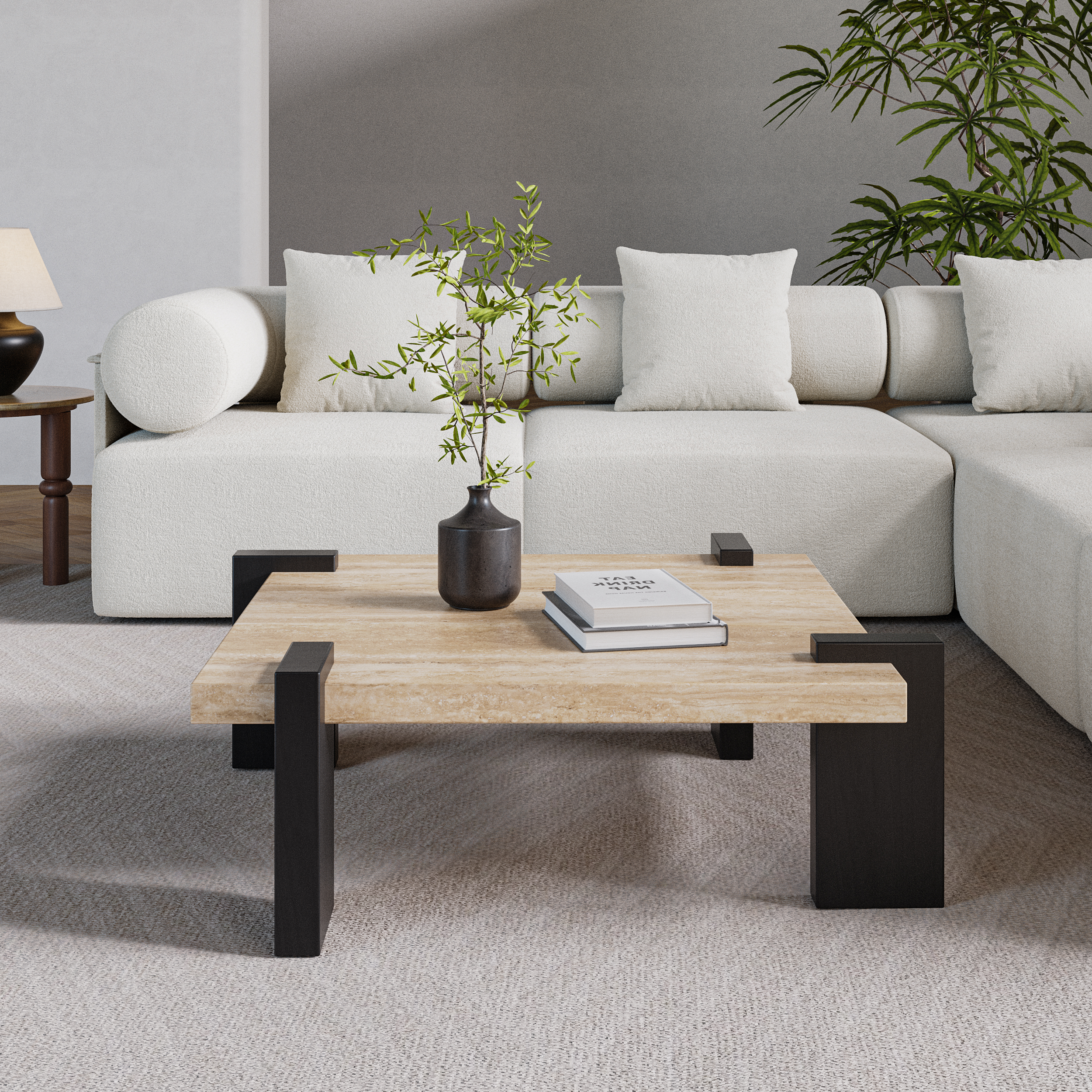 Modern Beige & Natural Travertine Veneer Top Coffee Table with Solid Wood Legs