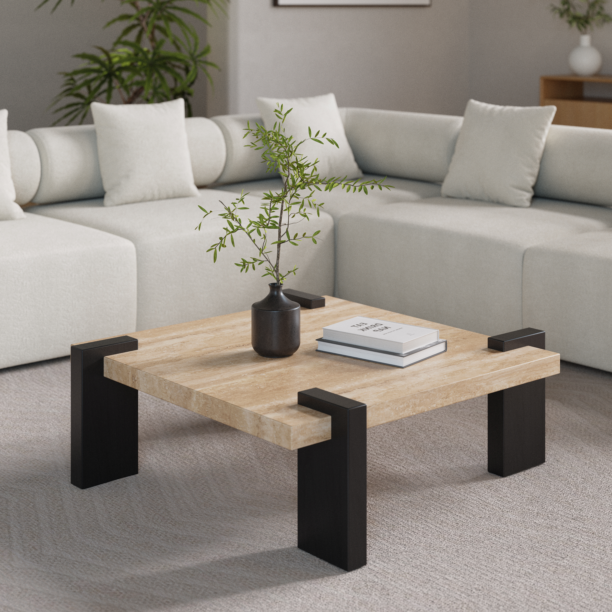 Modern Beige & Natural Travertine Veneer Top Coffee Table with Solid Wood Legs