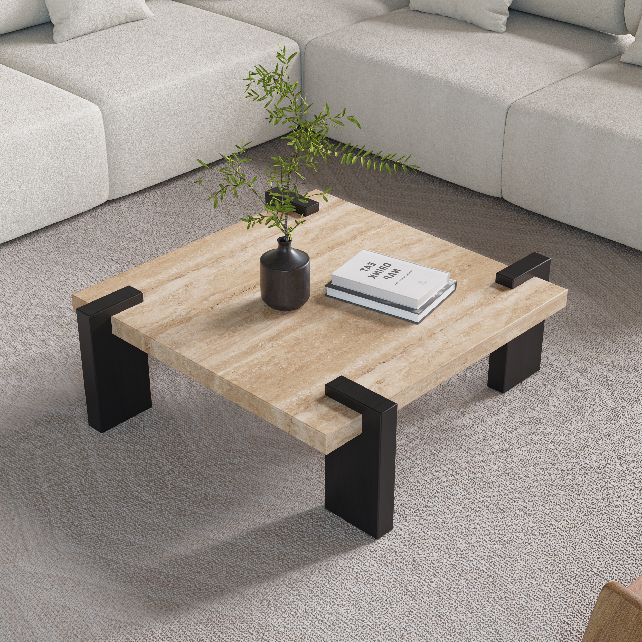 Modern Beige & Natural Travertine Veneer Top Coffee Table with Solid Wood Legs
