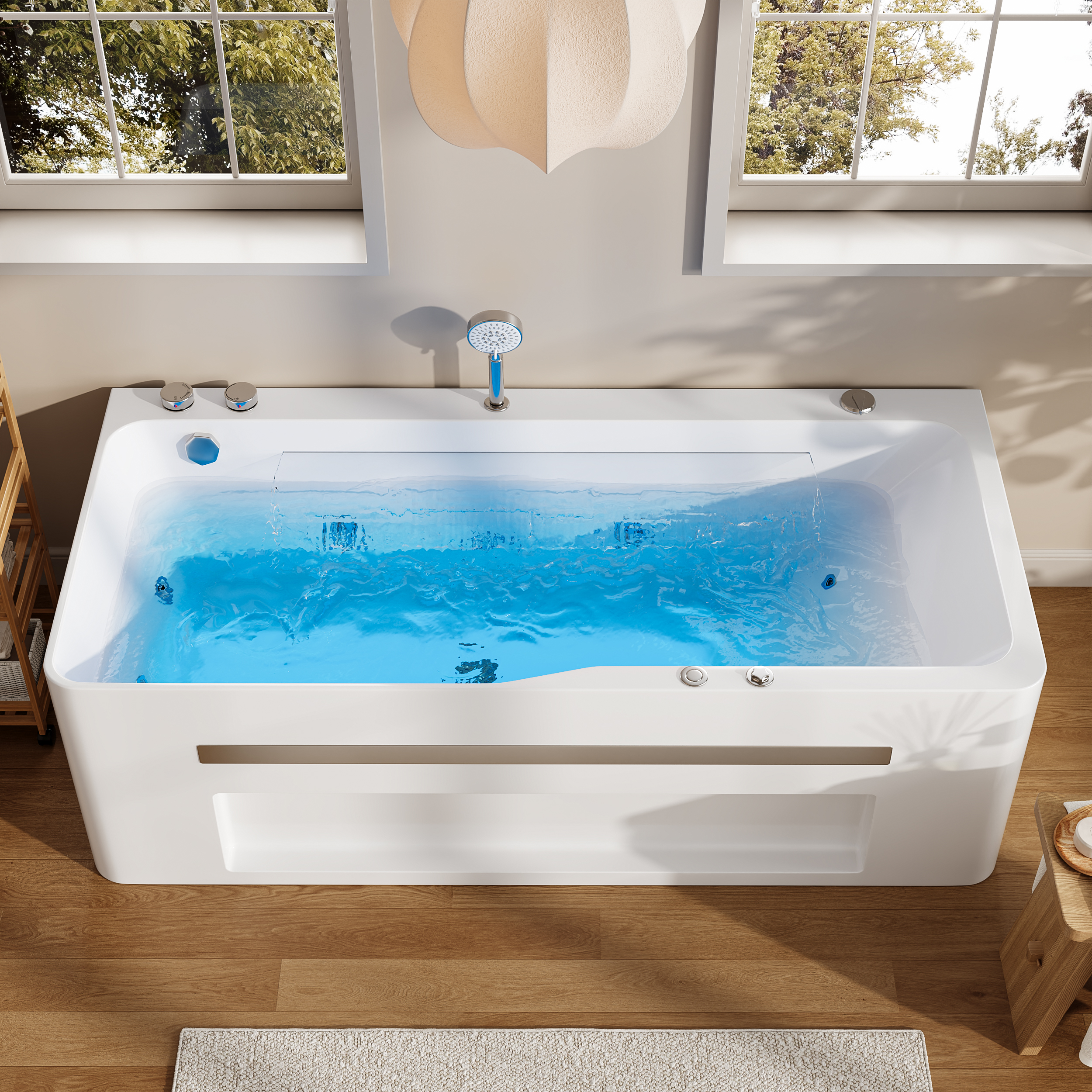 67" Large Bathtub Rectangular Acrylic with Jetted Whirlpool Massage in Chromatherapy LED
