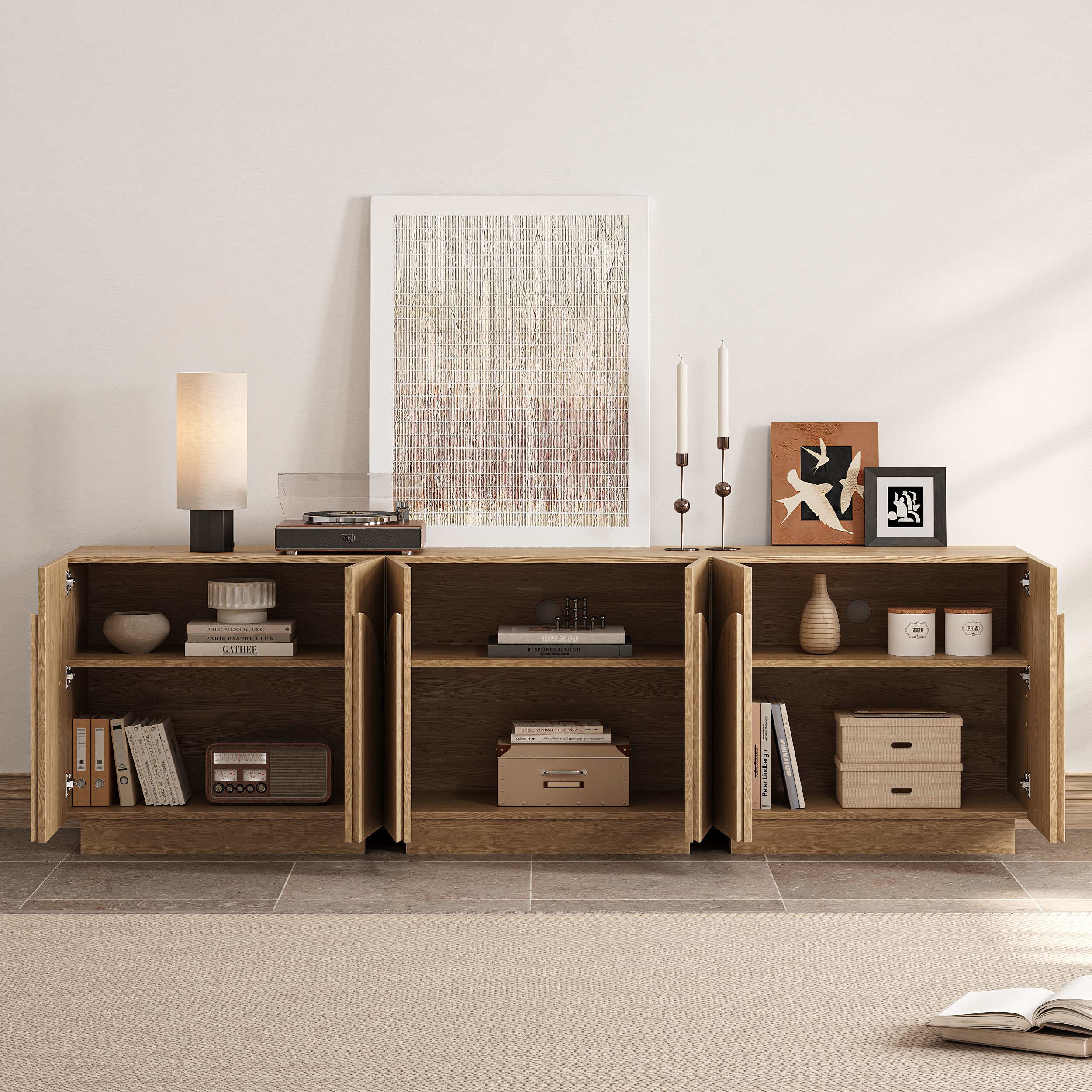 94'' 3 PCS Modular TV Stand Mid Century Modern Oak Media Console with Storage in Natural