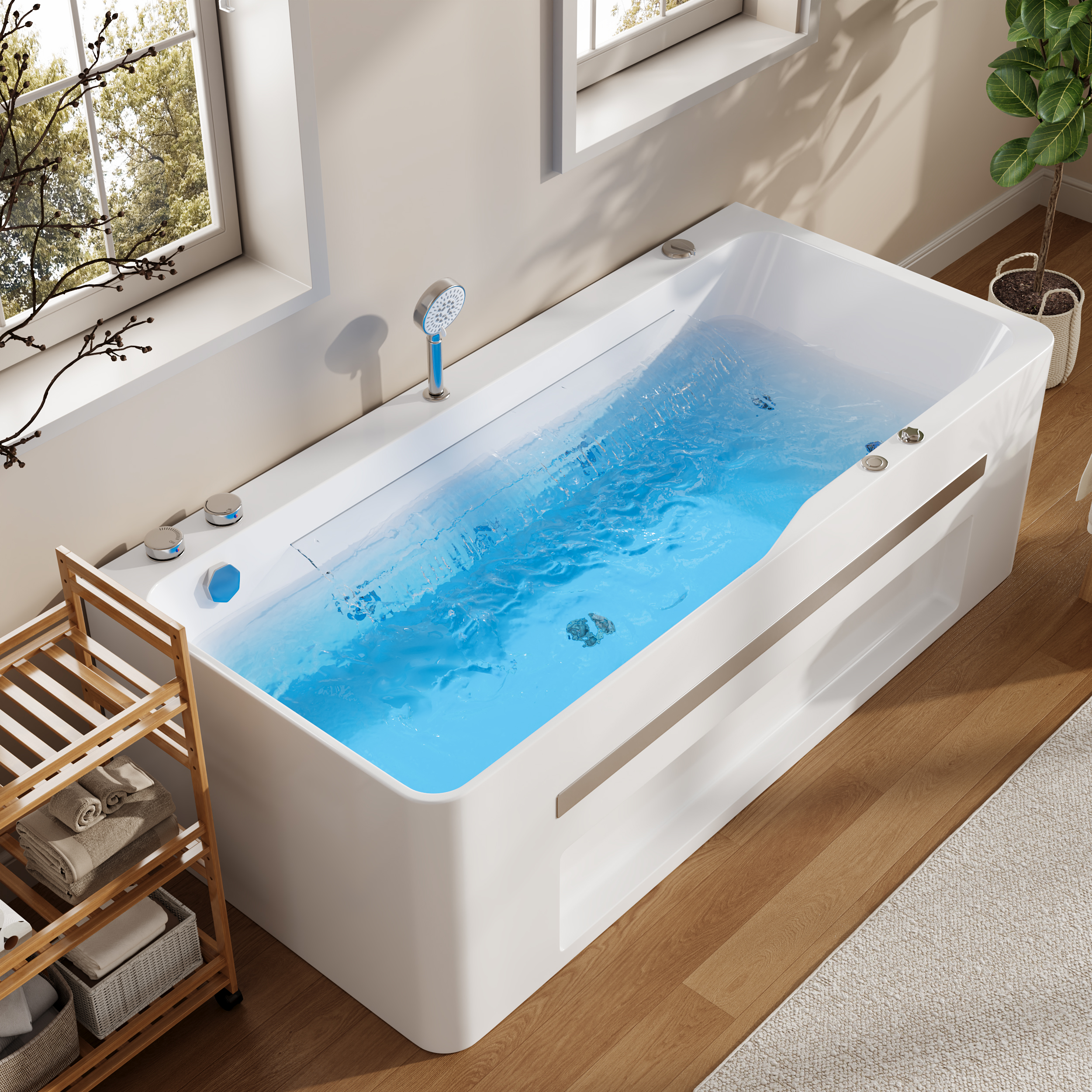 67" Large Bathtub Rectangular Acrylic with Jetted Whirlpool Massage in Chromatherapy LED