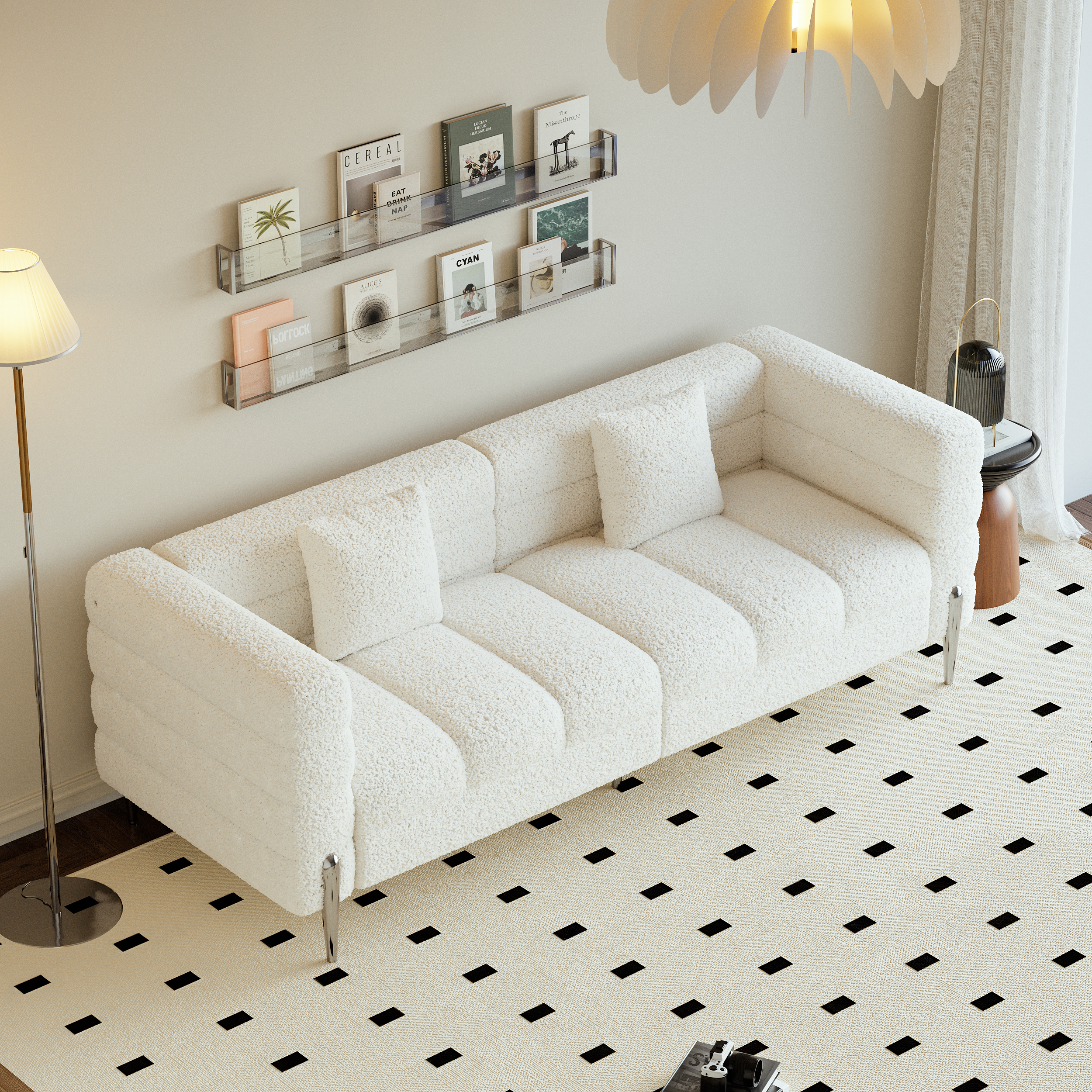 78.7" Modern White Boucle Upholstered Fluted 3 Seater Sofa for Living Room with pillow