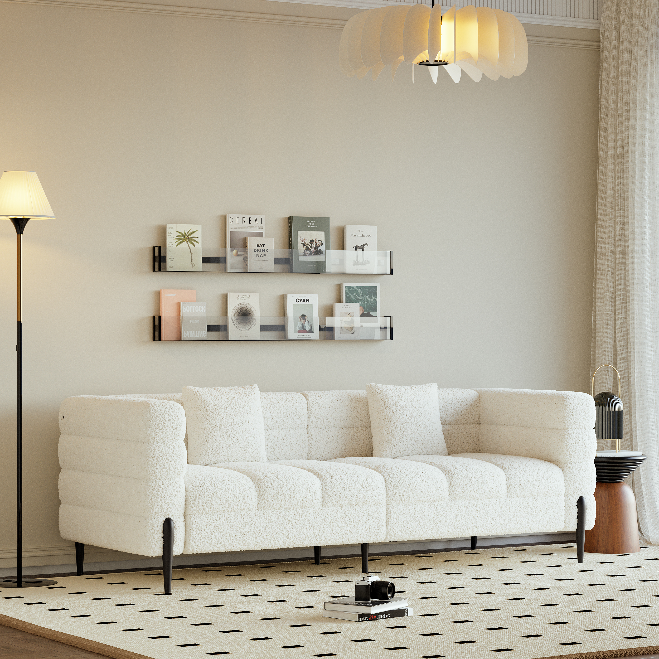 Homary 78.7"" Modern White Boucle Upholstered Fluted 3 Seater Sofa for Living Room with pillow