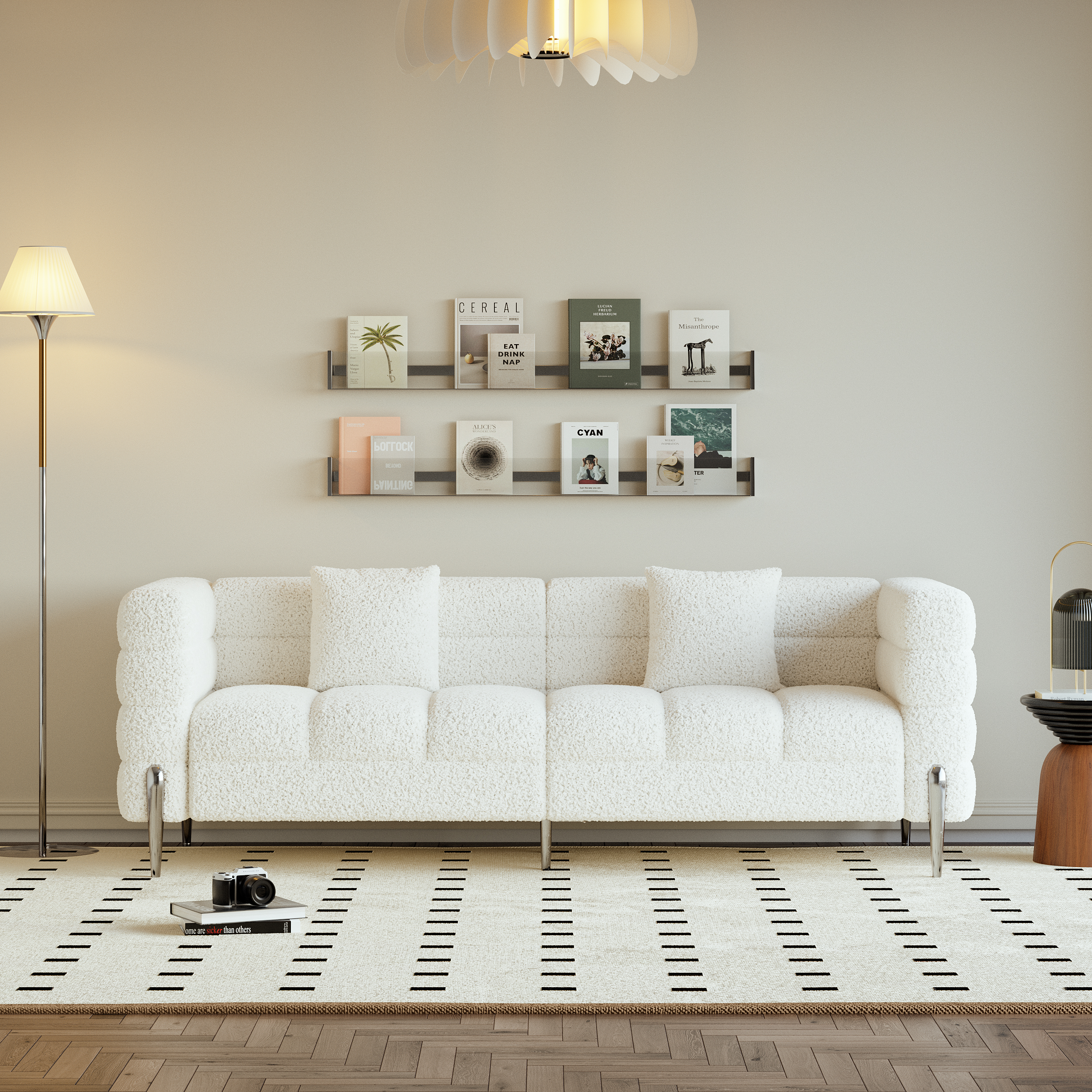 78.7" Modern White Boucle Upholstered Fluted 3 Seater Sofa for Living Room with pillow