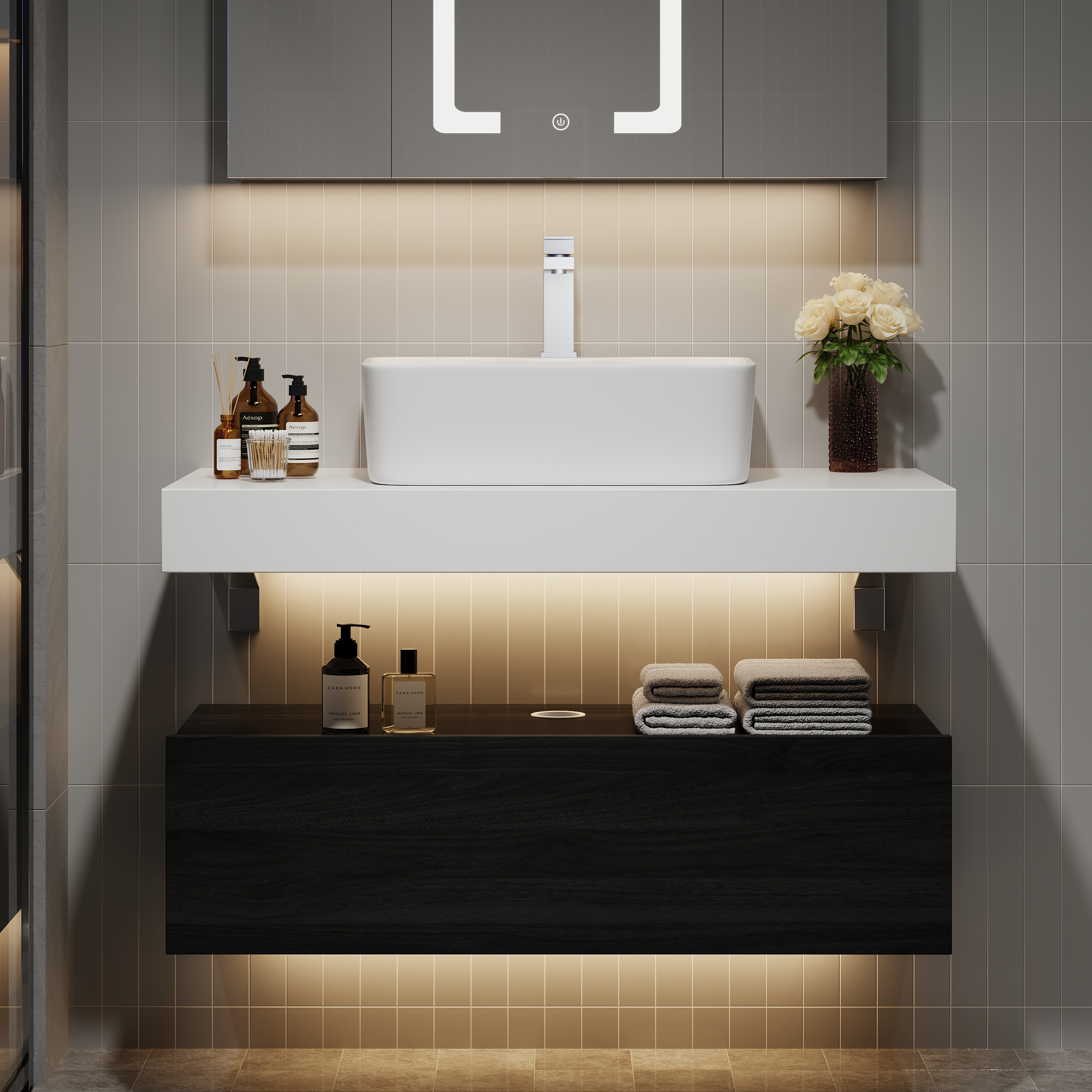 35.4"" Floating Bathroom Vanity Set with Single Sink White and Black Modern Style