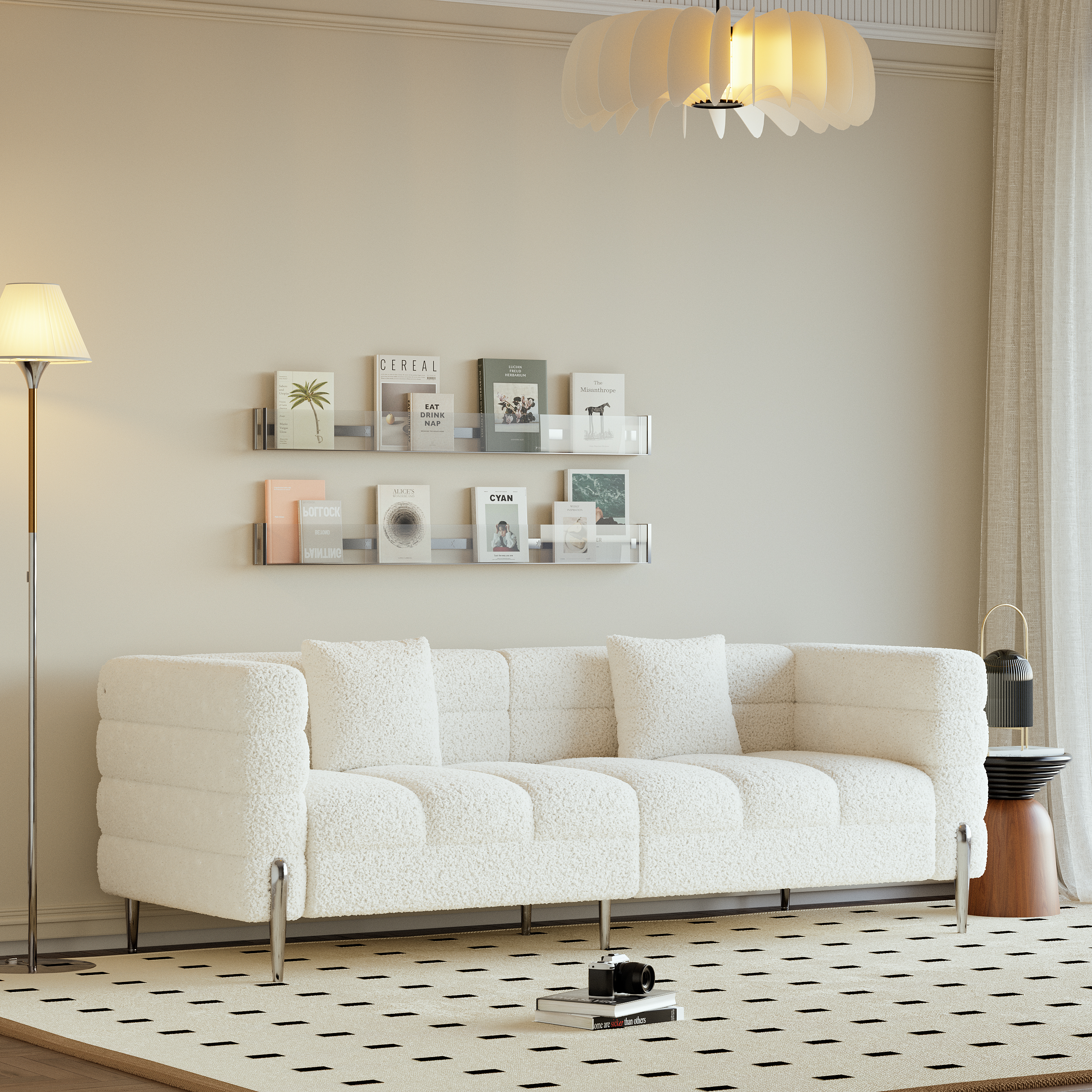 Homary 2000mm Modern White Boucle Upholstered Fluted 3 Seater Sofa for Living Room with pillow
