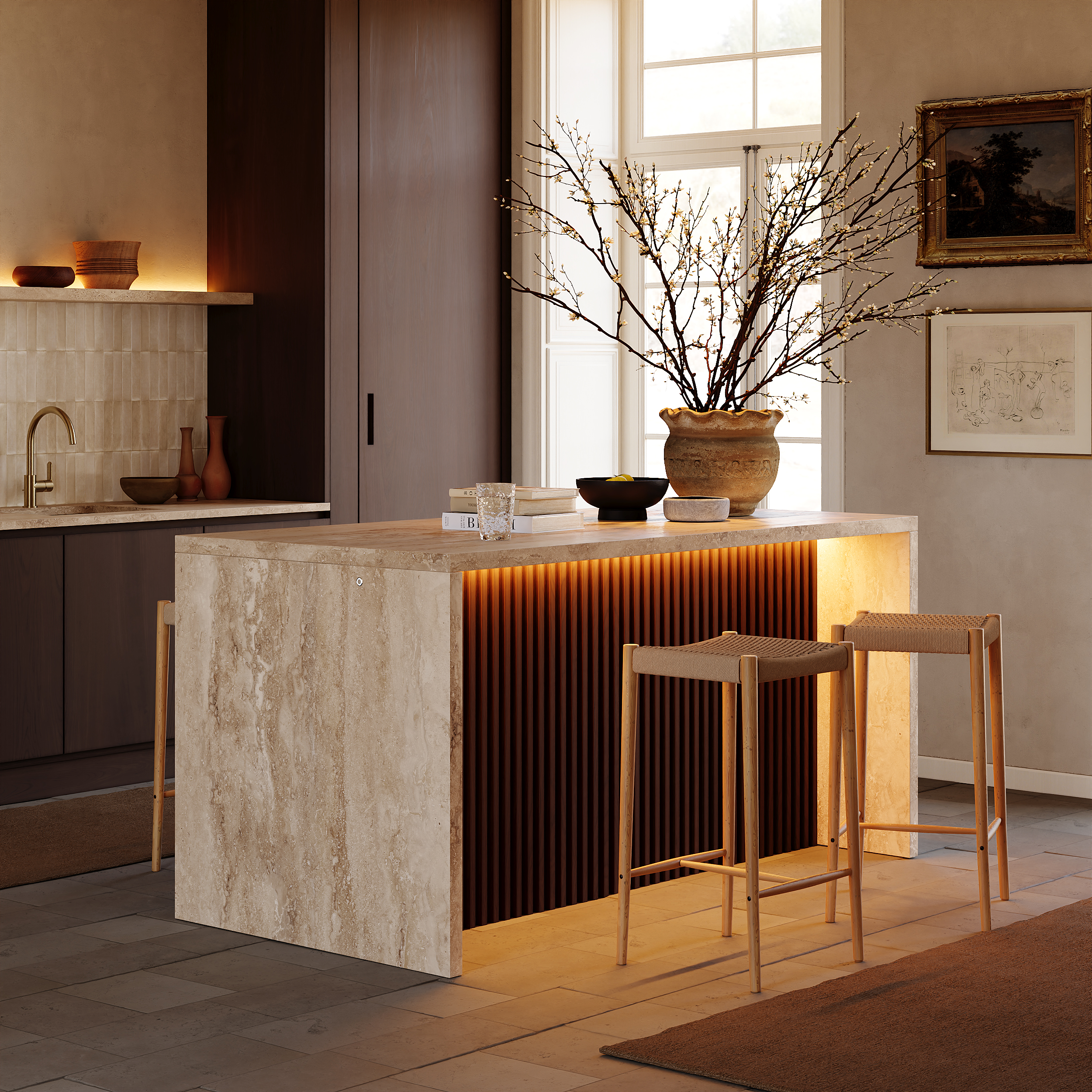 1800mm  Modern Waterfall Kitchen lsland with Light & Storage