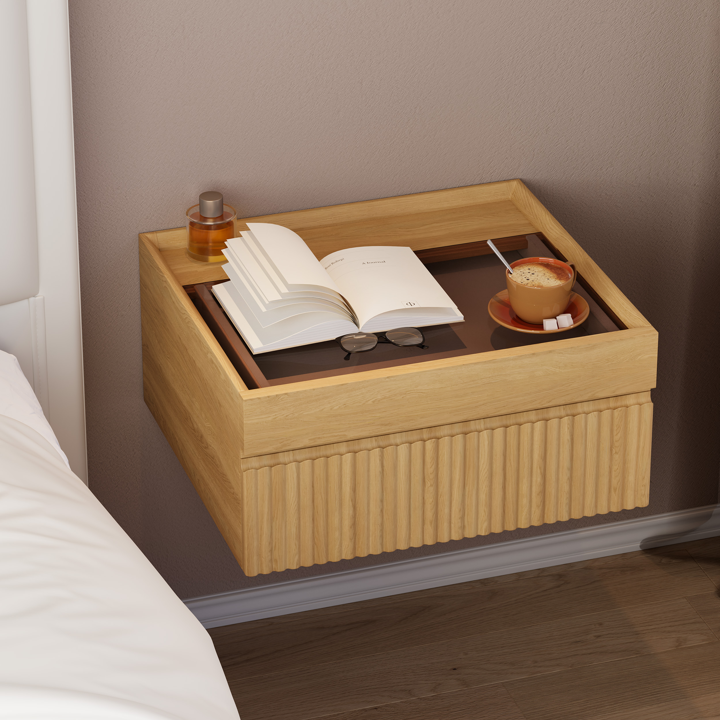 Modern Floating Natural Nightstand with Glass Top & Jewelry Storage Bedside Table