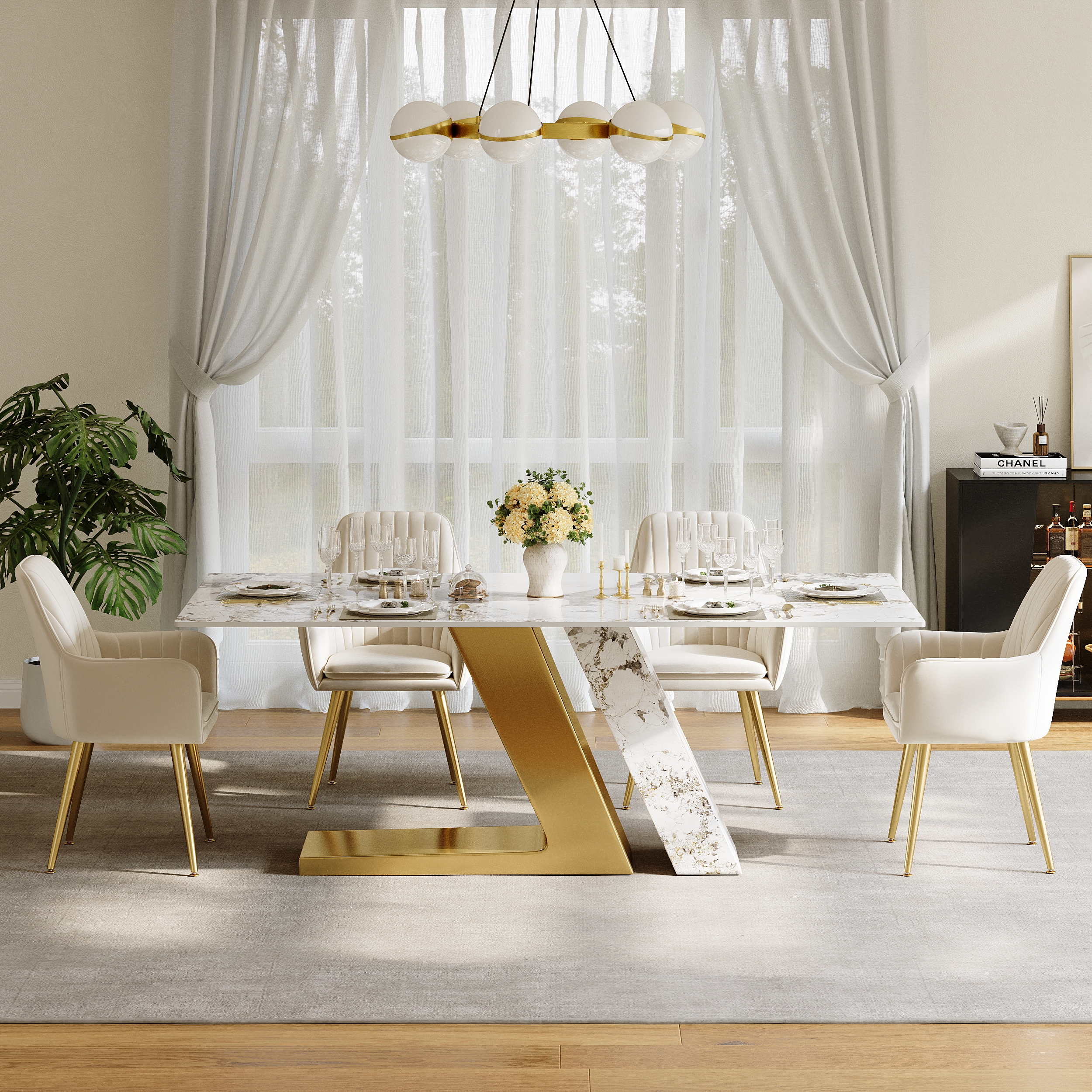 Rectangle Dining Table Faux Marble Top Stainless Steel for 8 Luxotic Modern 78.7"