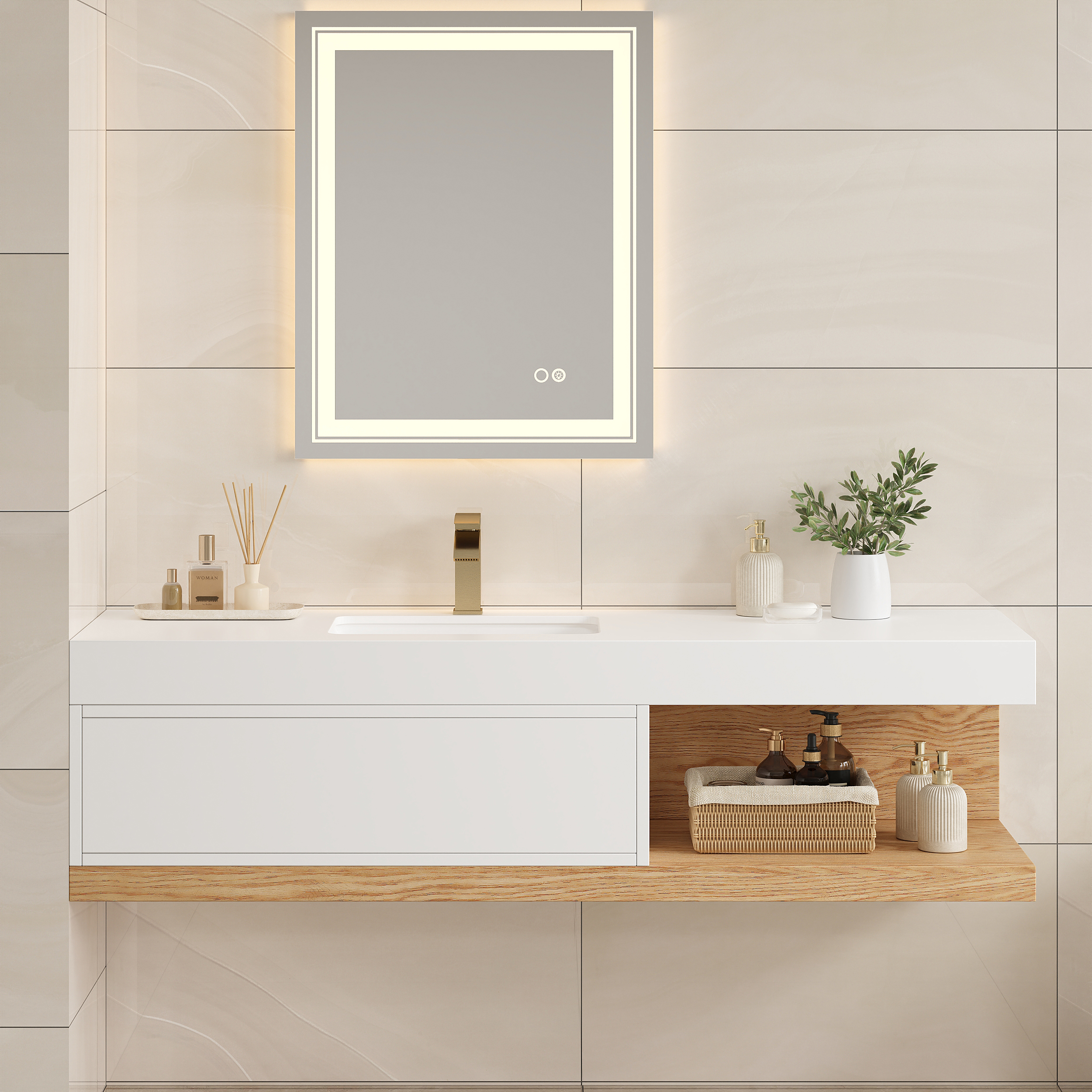 59" Floating Bathroom Vanity Set Wall-Mounted with Single Sink in White & Natural Modern